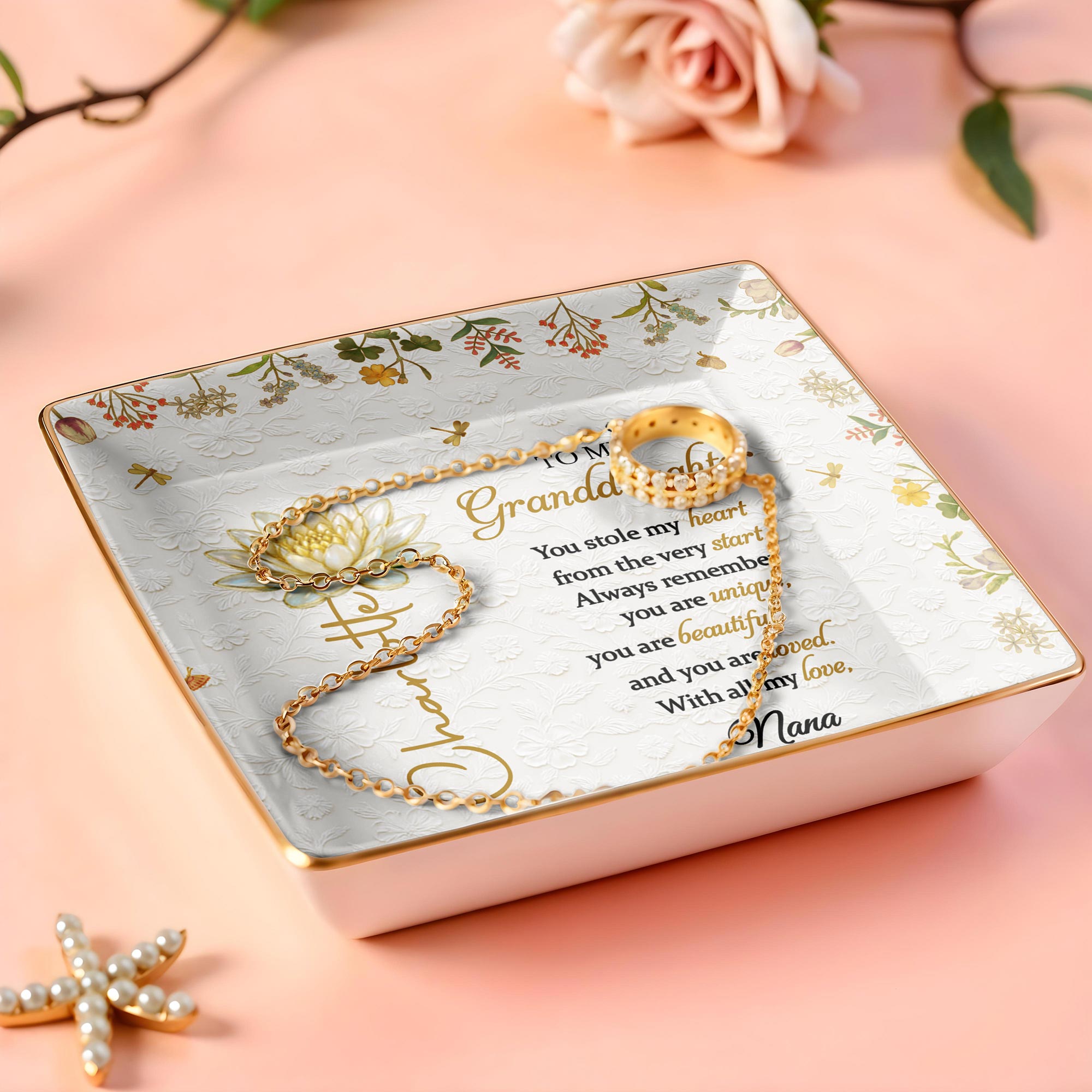 To My Granddaughter You Stole My Heart Birth Month Flower - Personalized Custom Jewelry Dish, Ceramic Dish, Square Shape - GDT687_SCRF