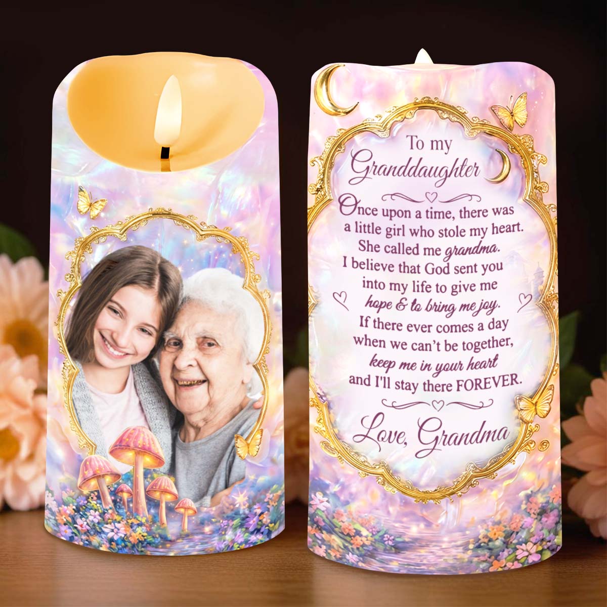 To My Granddaughter Once Upon A Time Photo Upload Butterflies Mushrooms - Personalized Custom LED Candle - GDT688_LECA
