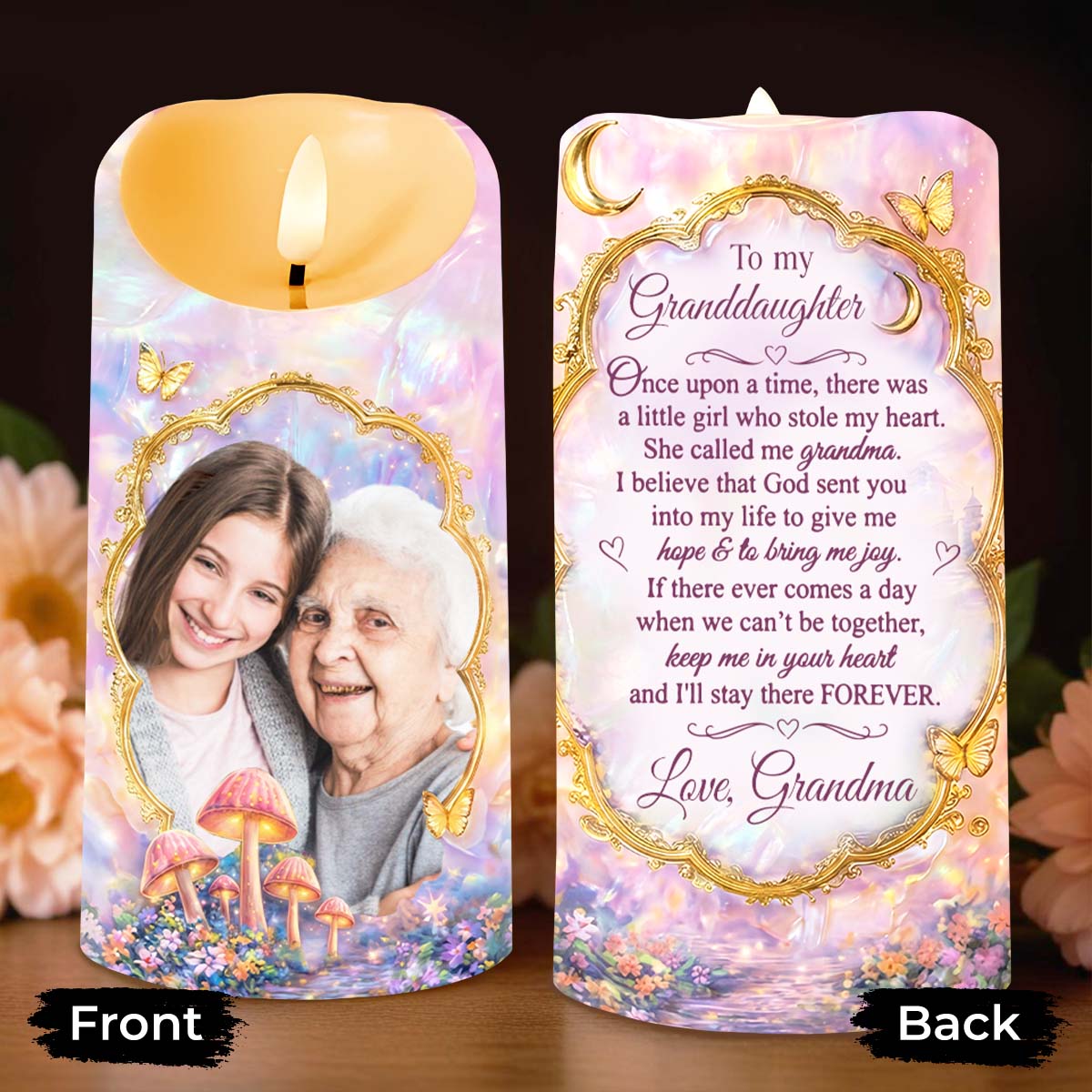To My Granddaughter Once Upon A Time Photo Upload Butterflies Mushrooms - Personalized Custom LED Candle - GDT688_LECA