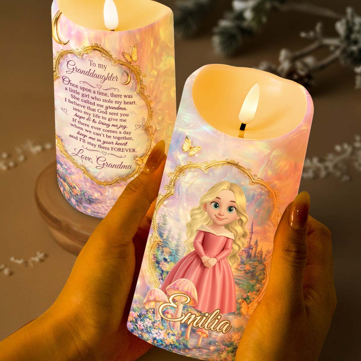 To My Granddaughter Once Upon A Time Princess Art With Castle And Butterflies - Personalized Custom LED Candle - GDT689_LECA