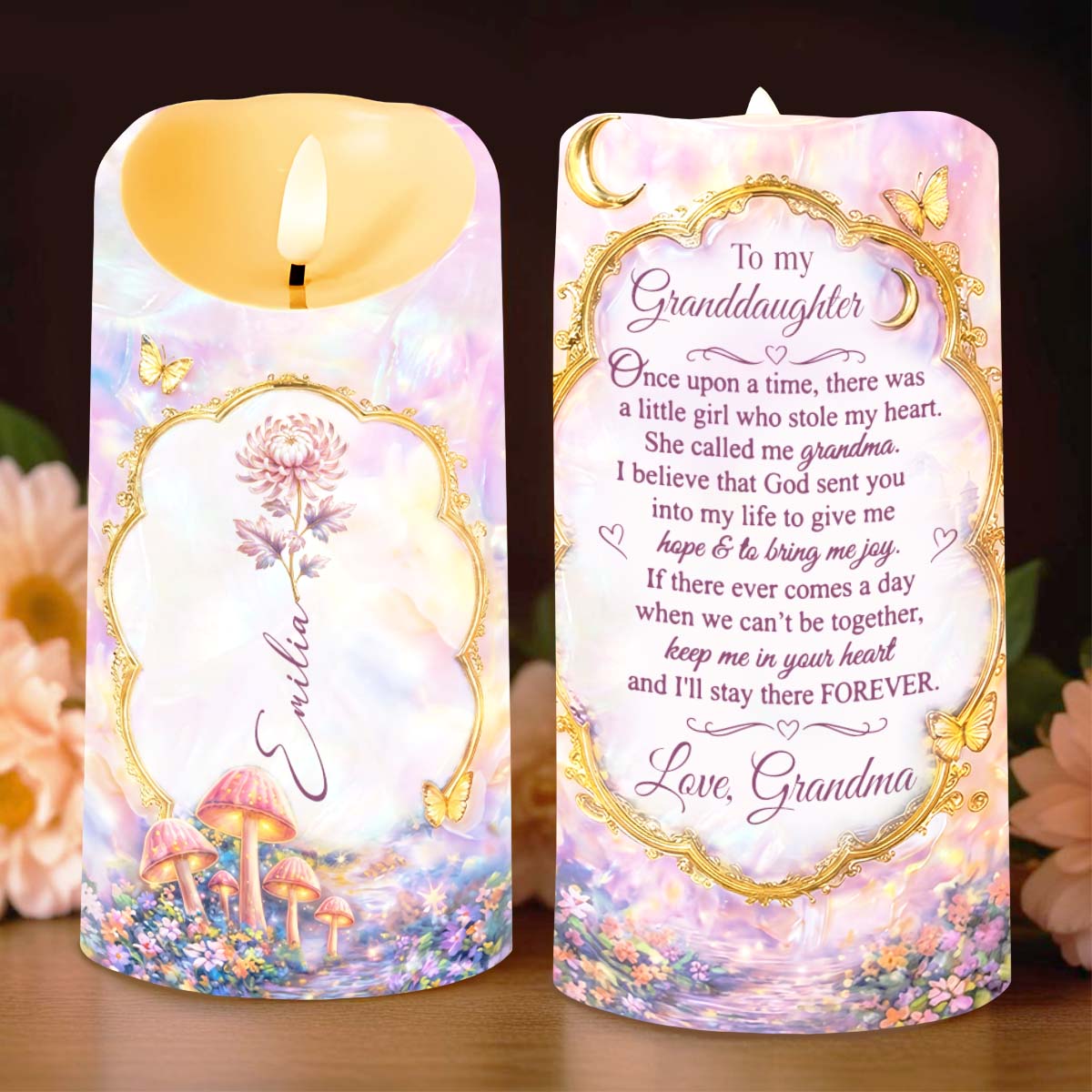To My Granddaughter Once Upon A Time Birth Month Flowers Butterflies - Personalized Custom LED Candle - GDT690_LECA
