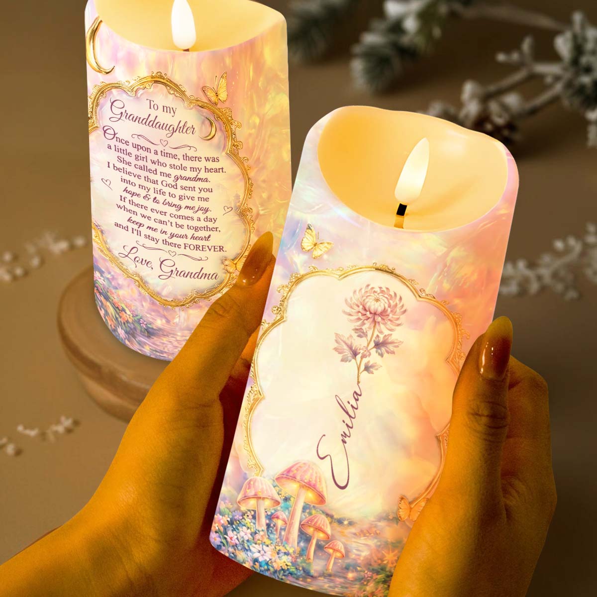 To My Granddaughter Once Upon A Time Birth Month Flowers Butterflies - Personalized Custom LED Candle - GDT690_LECA