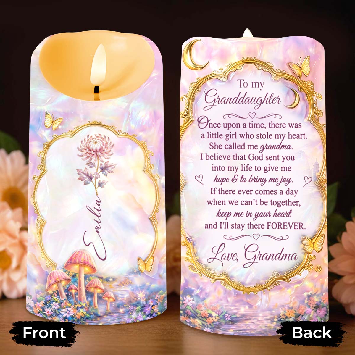 To My Granddaughter Once Upon A Time Birth Month Flowers Butterflies - Personalized Custom LED Candle - GDT690_LECA