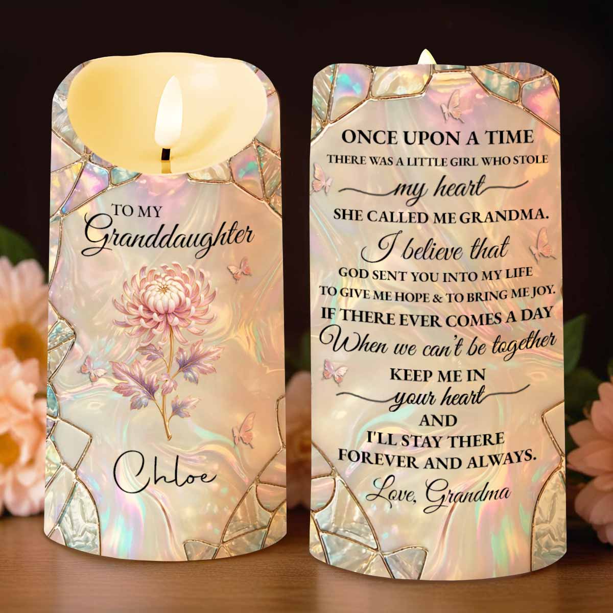 To My Granddaughter Once Upon A Time Birth Month Flower Butterflies - Personalized Custom LED Candle - GDT691_LECA