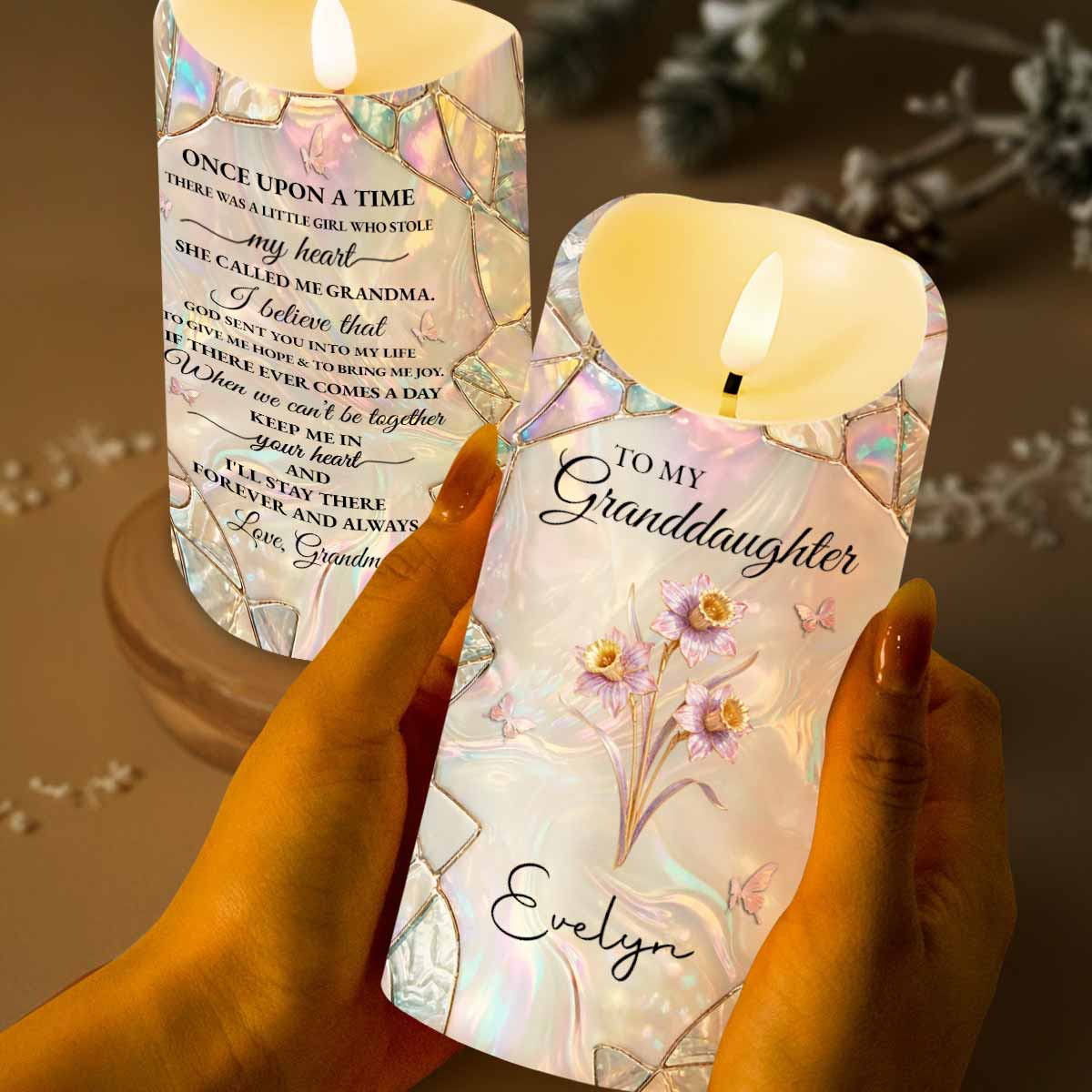 To My Granddaughter Once Upon A Time Birth Month Flower Butterflies - Personalized Custom LED Candle - GDT691_LECA