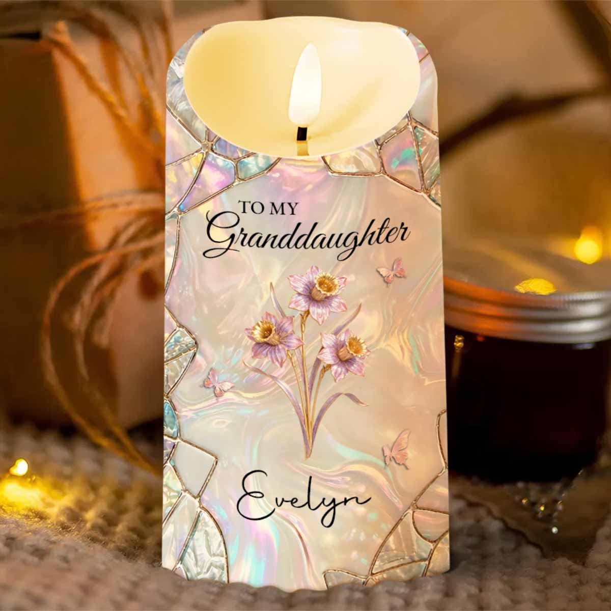To My Granddaughter Once Upon A Time Birth Month Flower Butterflies - Personalized Custom LED Candle - GDT691_LECA