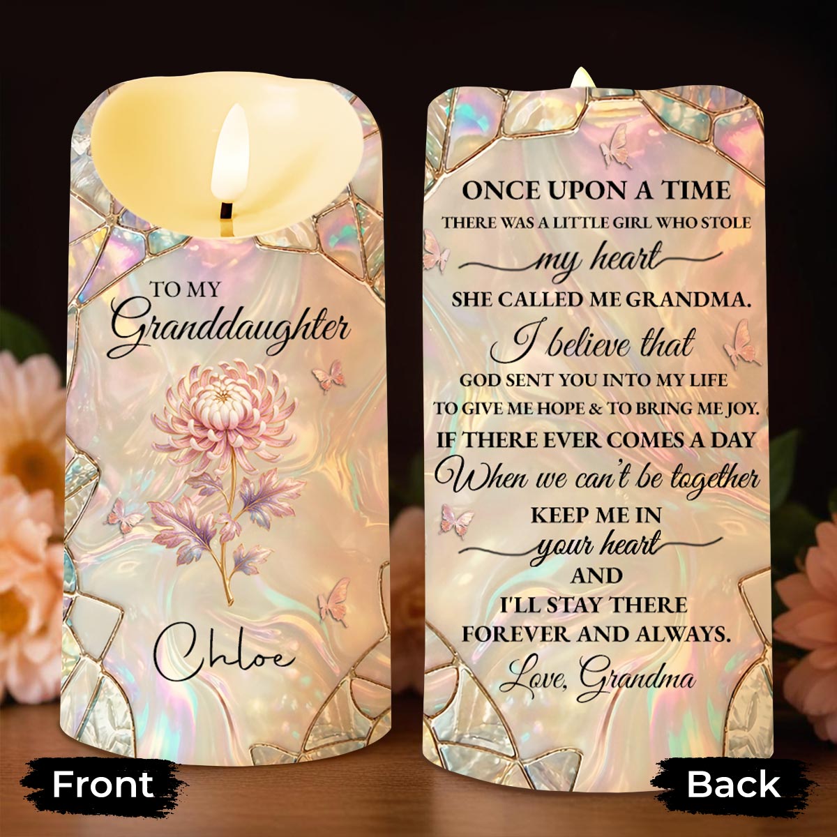 To My Granddaughter Once Upon A Time Birth Month Flower Butterflies - Personalized Custom LED Candle - GDT691_LECA