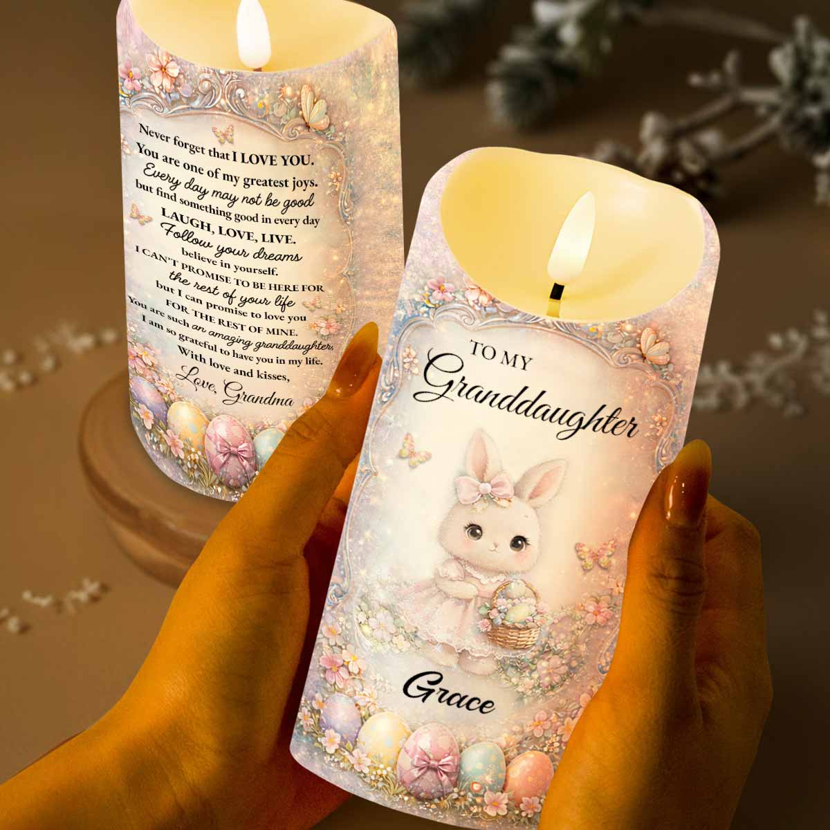 To My Granddaughter Never Forget I Love You Bunny Easter Eggs - Personalized Custom LED Candle - GDT692_LECA