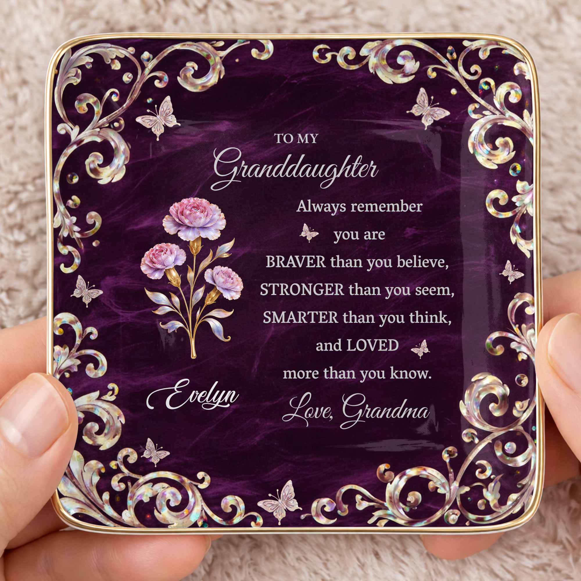 To My Granddaughter Always Remember You Are Braver Flower Butterflies - Personalized Custom Jewelry Dish, Ceramic Dish, Square Shape - GDT696_SCRF