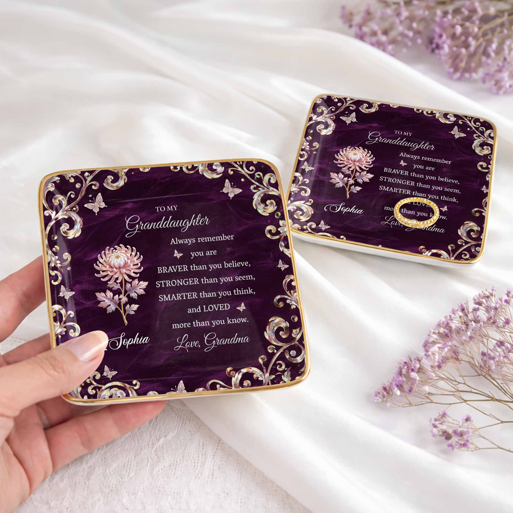 To My Granddaughter Always Remember You Are Braver Flower Butterflies - Personalized Custom Jewelry Dish, Ceramic Dish, Square Shape - GDT696_SCRF