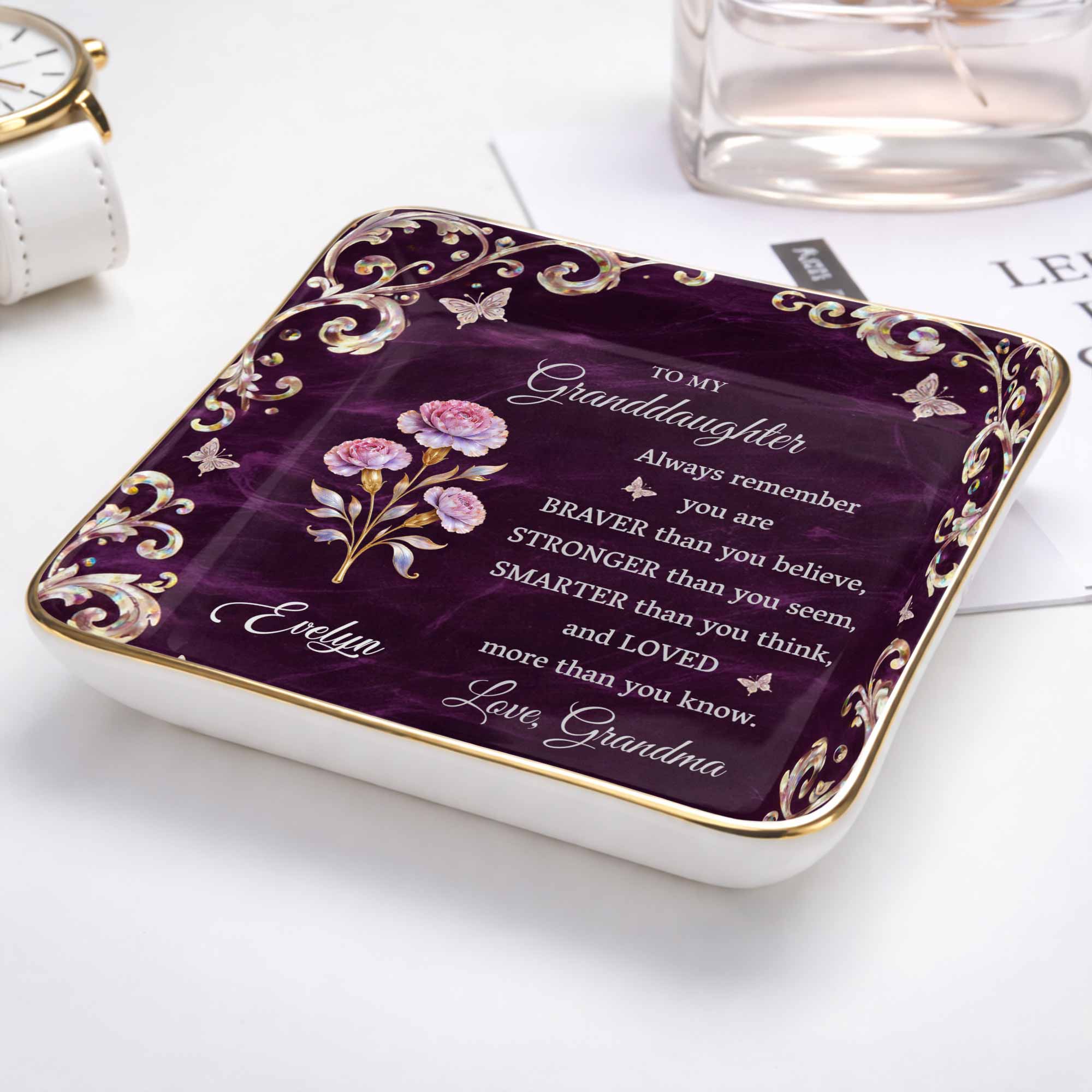 To My Granddaughter Always Remember You Are Braver Flower Butterflies - Personalized Custom Jewelry Dish, Ceramic Dish, Square Shape - GDT696_SCRF