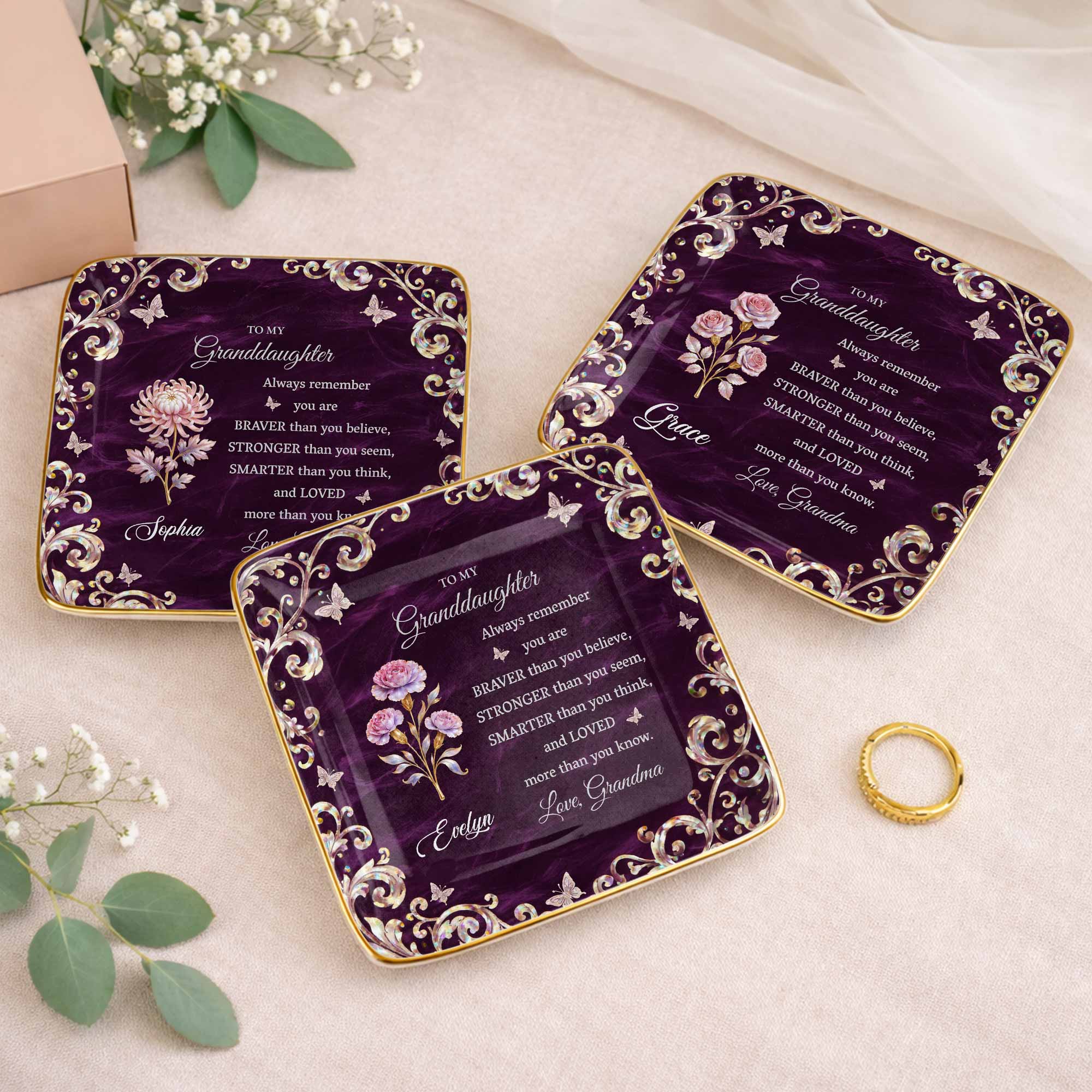 To My Granddaughter Always Remember You Are Braver Flower Butterflies - Personalized Custom Jewelry Dish, Ceramic Dish, Square Shape - GDT696_SCRF