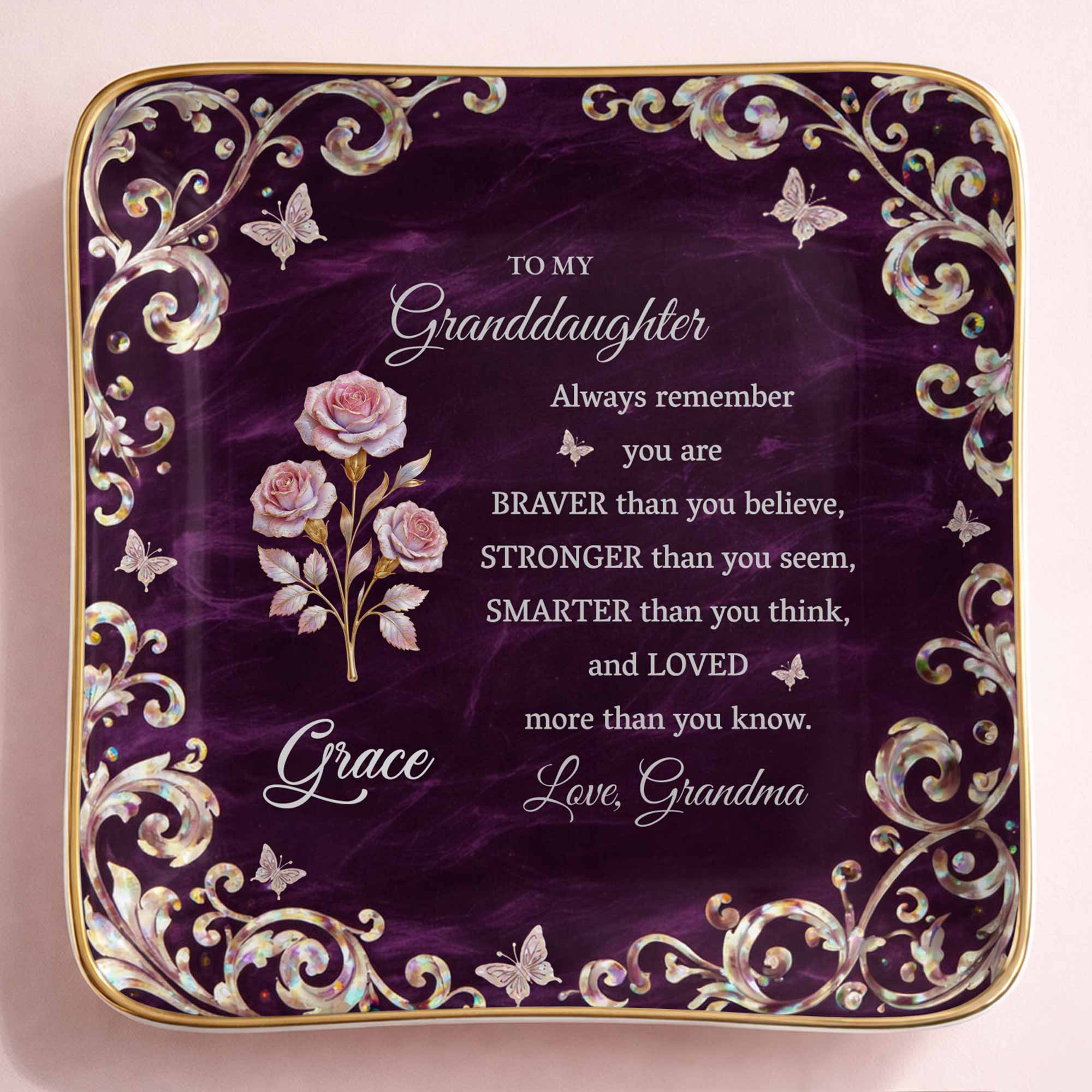 To My Granddaughter Always Remember You Are Braver Flower Butterflies - Personalized Custom Jewelry Dish, Ceramic Dish, Square Shape - GDT696_SCRF