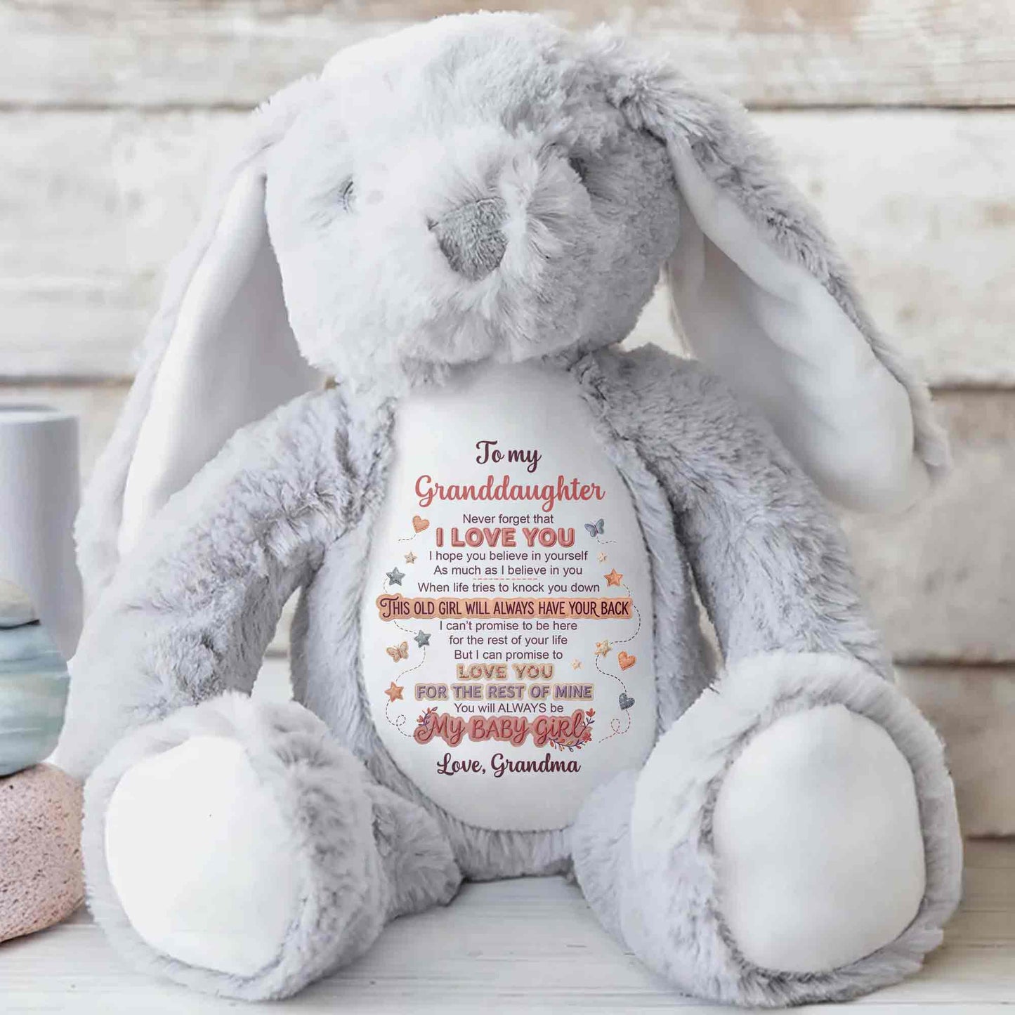 To My Granddaughter Never Forget I Love You Heart Butterfly - Personalized Stuffed Bunny - GDT703_BUN