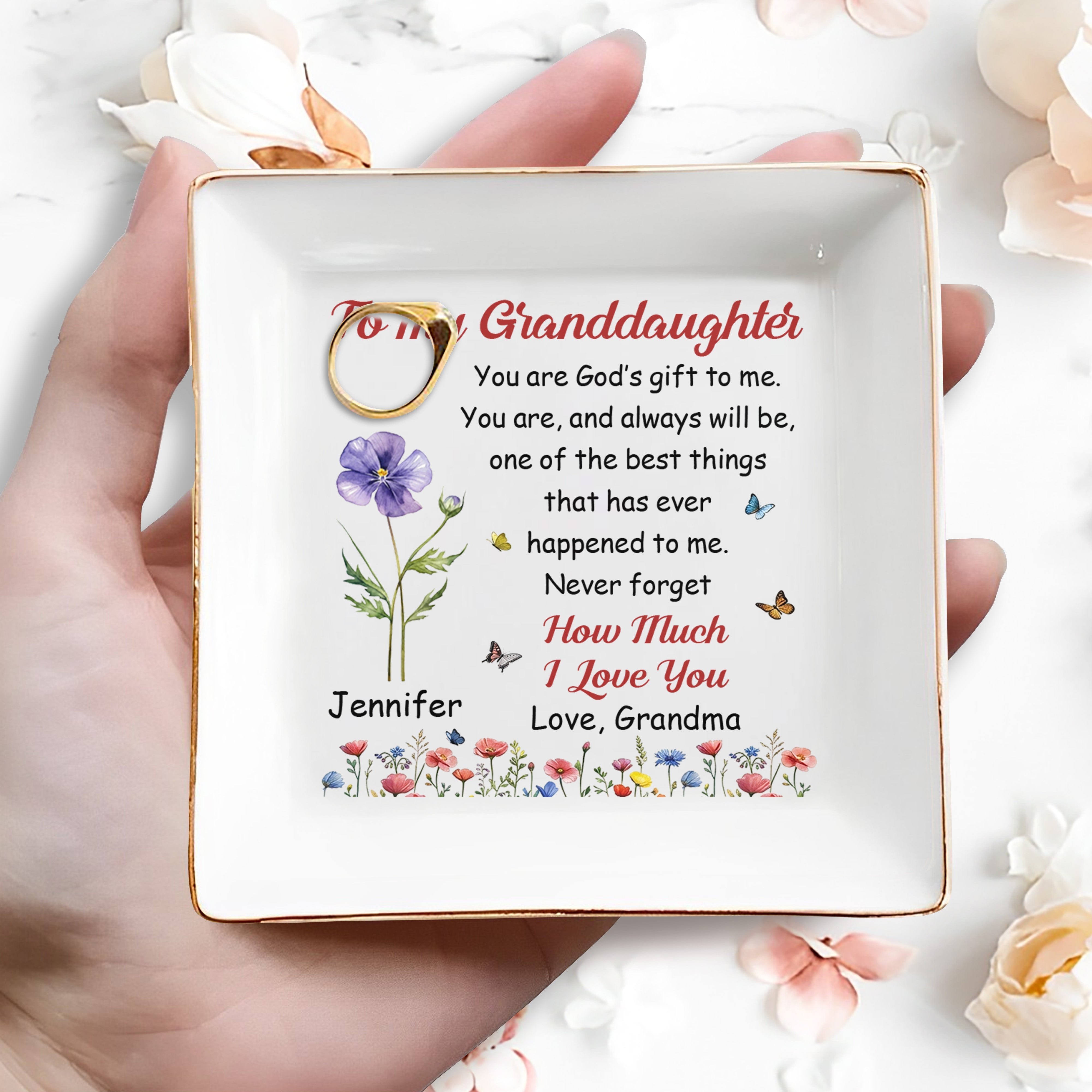 To My Granddaughter How Much I Love You Floral Butterfly - Personalized Custom Jewelry Dish, Square Ceramic Dish - GDT707_SCRD