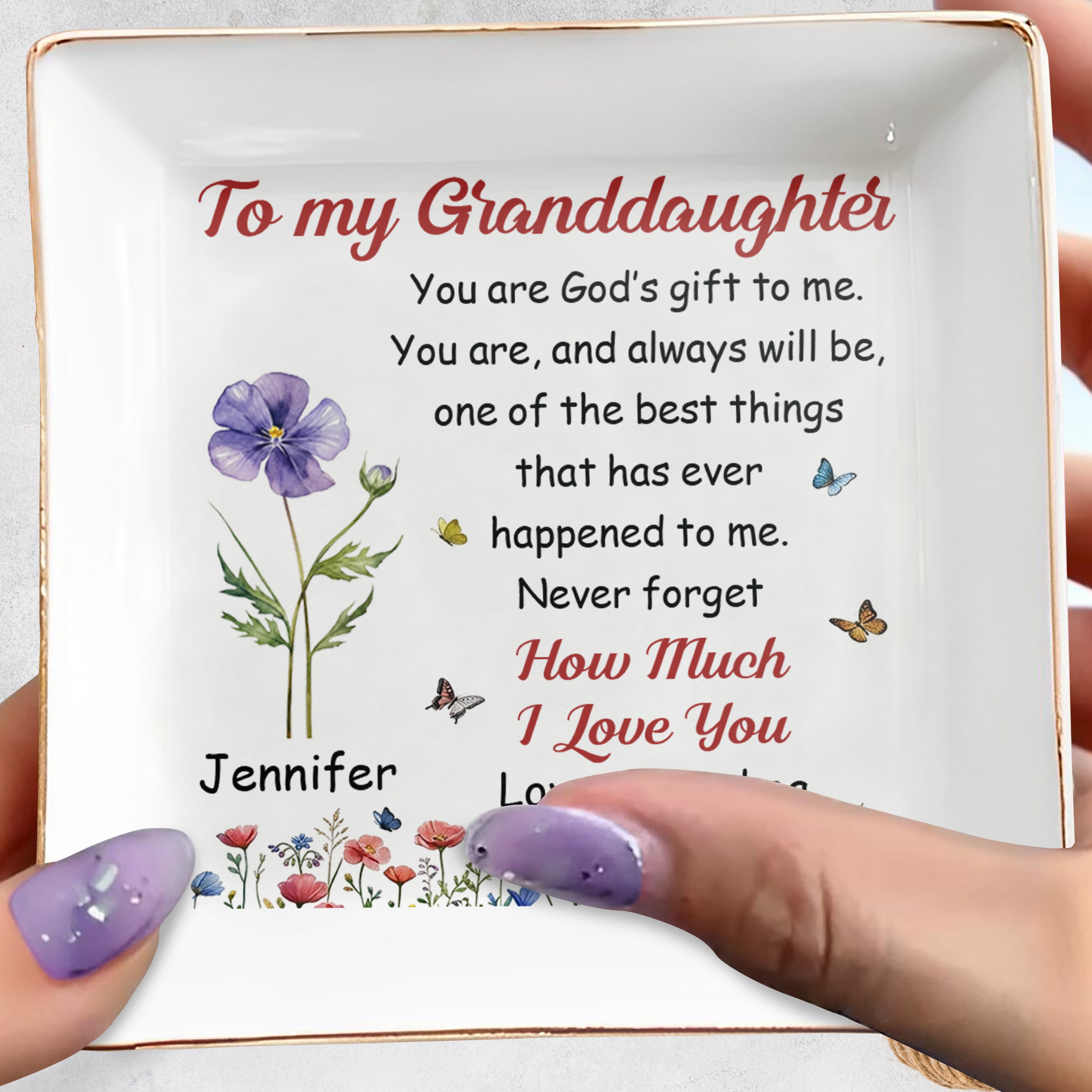 To My Granddaughter How Much I Love You Floral Butterfly - Personalized Custom Jewelry Dish, Square Ceramic Dish - GDT707_SCRD
