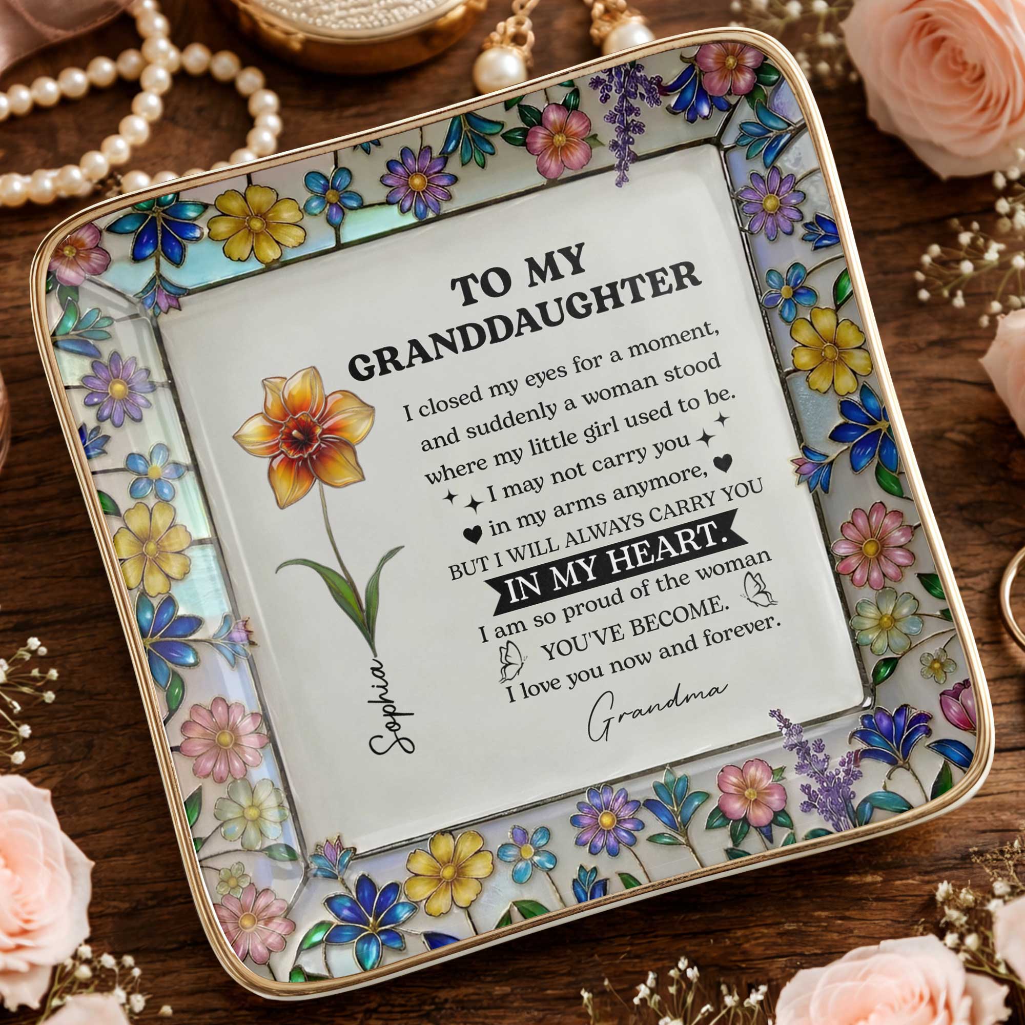 To My Daughter I Closed My Eyes For A Moment Birth Month Flowers - Personalized Custom Jewelry Dish, Ceramic Dish, Square Shape - GDT711_SCRF