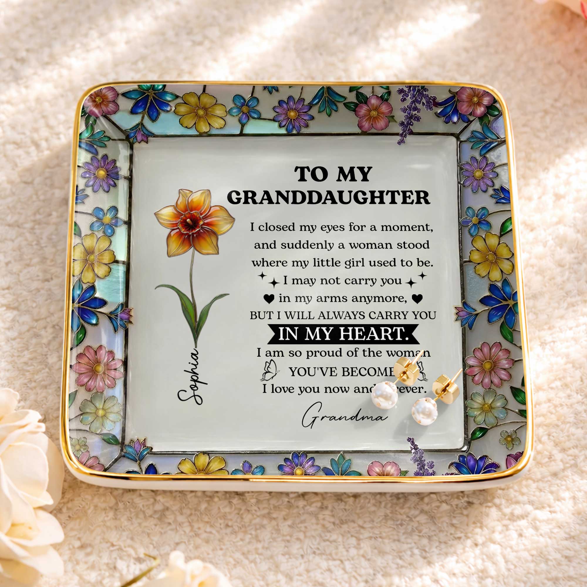 To My Daughter I Closed My Eyes For A Moment Birth Month Flowers - Personalized Custom Jewelry Dish, Ceramic Dish, Square Shape - GDT711_SCRF