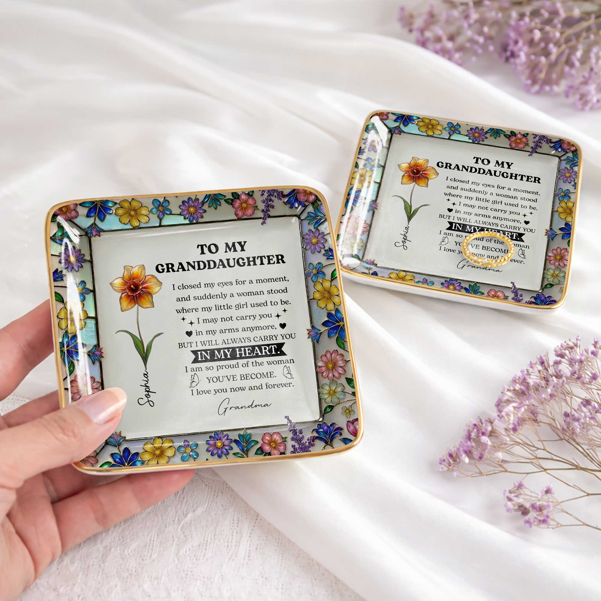 To My Daughter I Closed My Eyes For A Moment Birth Month Flowers - Personalized Custom Jewelry Dish, Ceramic Dish, Square Shape - GDT711_SCRF