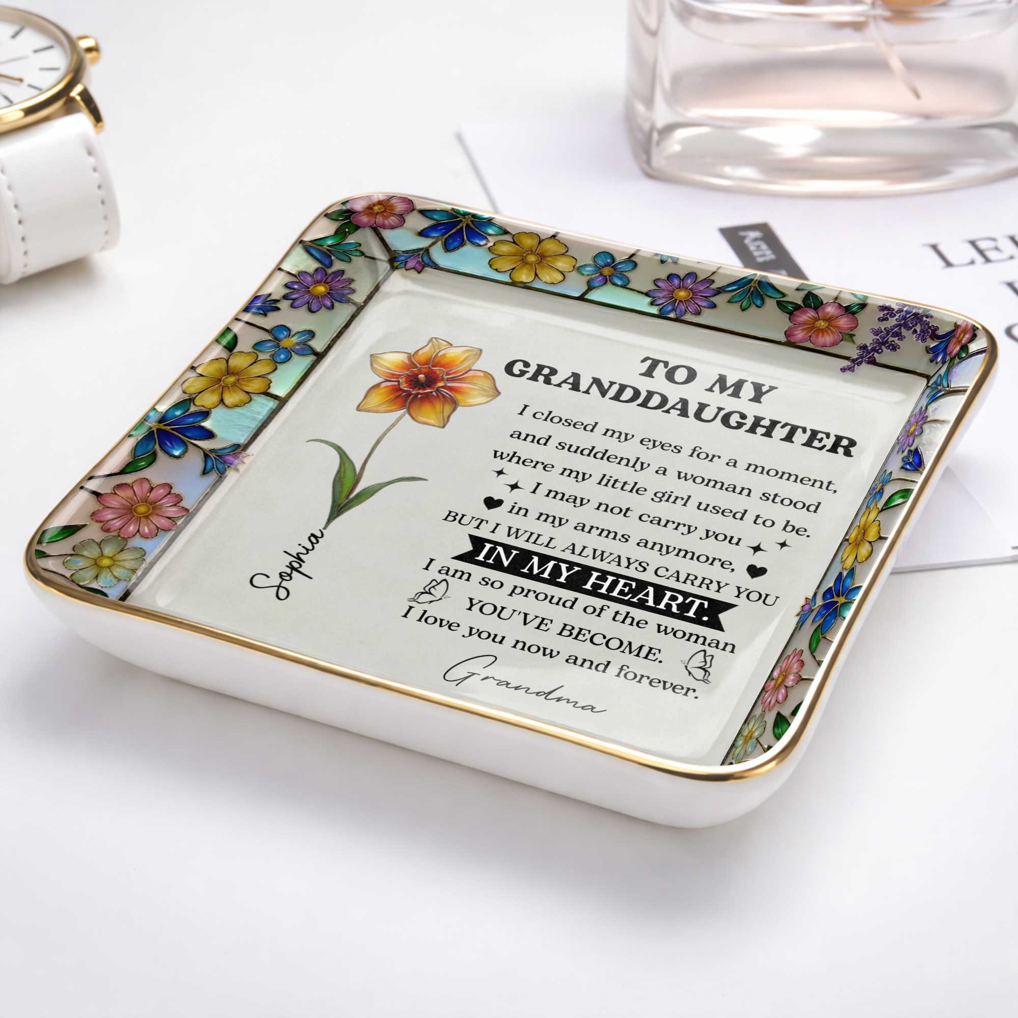 To My Daughter I Closed My Eyes For A Moment Birth Month Flowers - Personalized Custom Jewelry Dish, Ceramic Dish, Square Shape - GDT711_SCRF