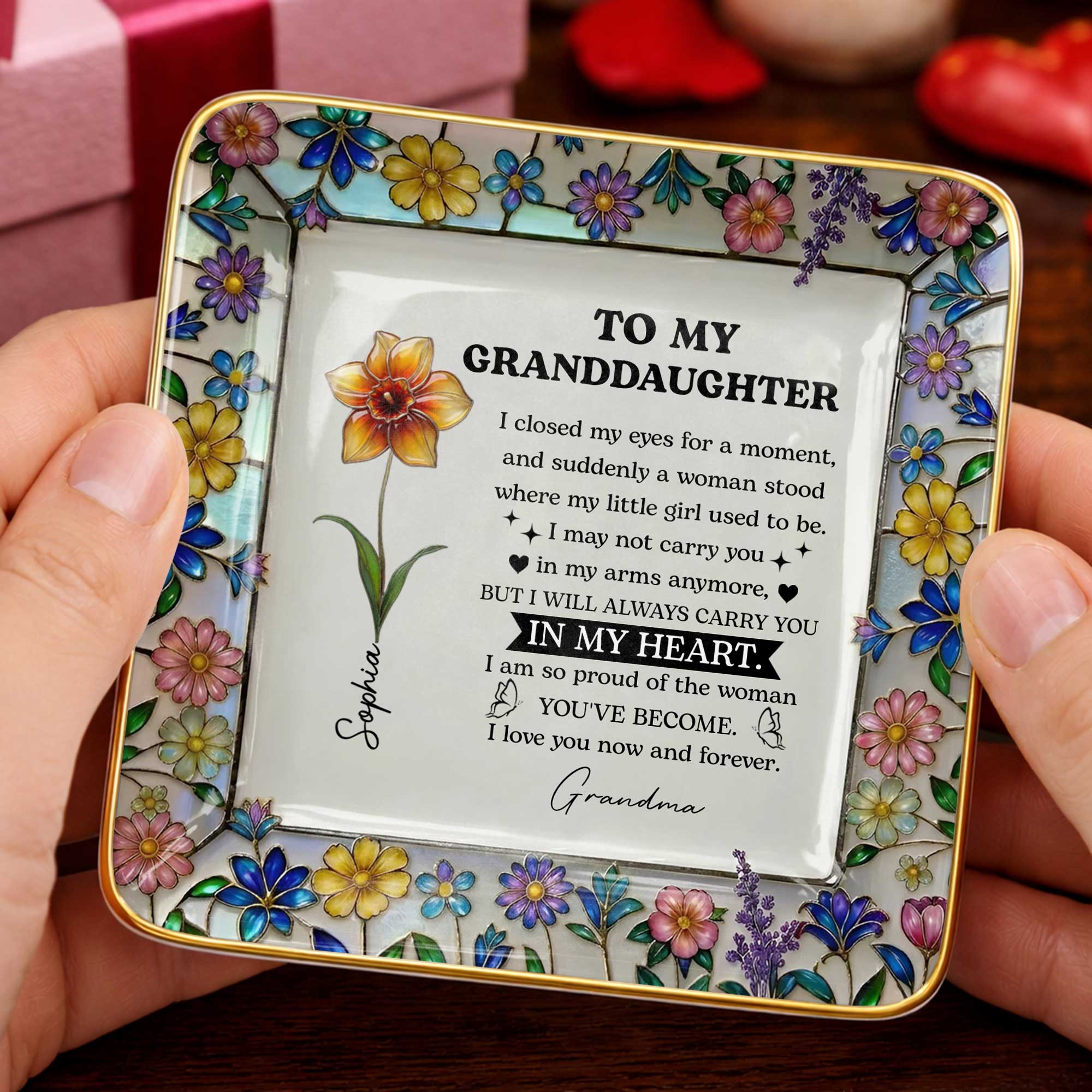 To My Daughter I Closed My Eyes For A Moment Birth Month Flowers - Personalized Custom Jewelry Dish, Ceramic Dish, Square Shape - GDT711_SCRF