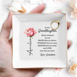 To My Granddaughter Always Remember You Are Braver Purple Birth Flower - Personalized Custom Jewelry Dish, Square Ceramic Dish - GDT714_SCRD