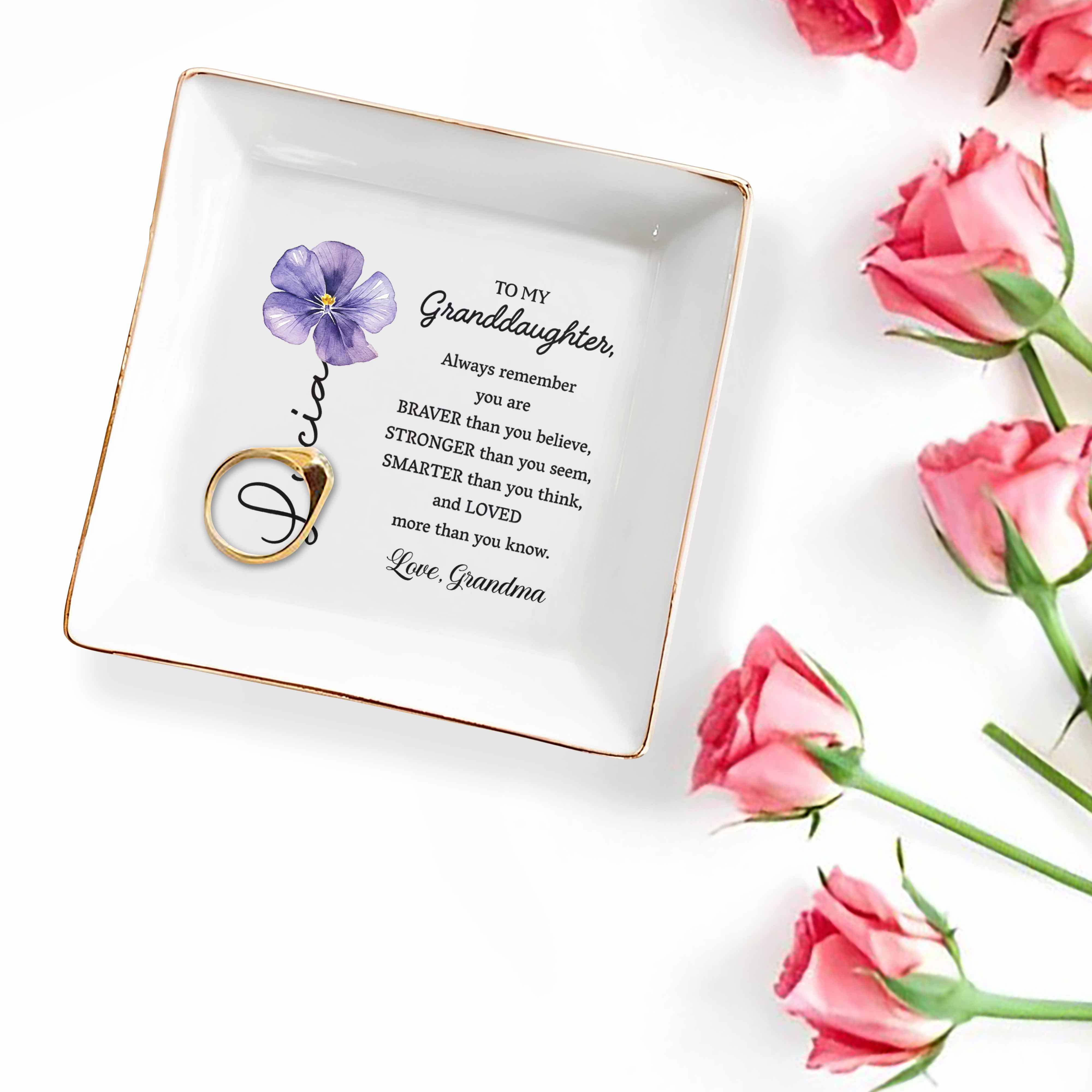 To My Granddaughter Always Remember You Are Braver Purple Birth Flower - Personalized Custom Jewelry Dish, Square Ceramic Dish - GDT714_SCRD