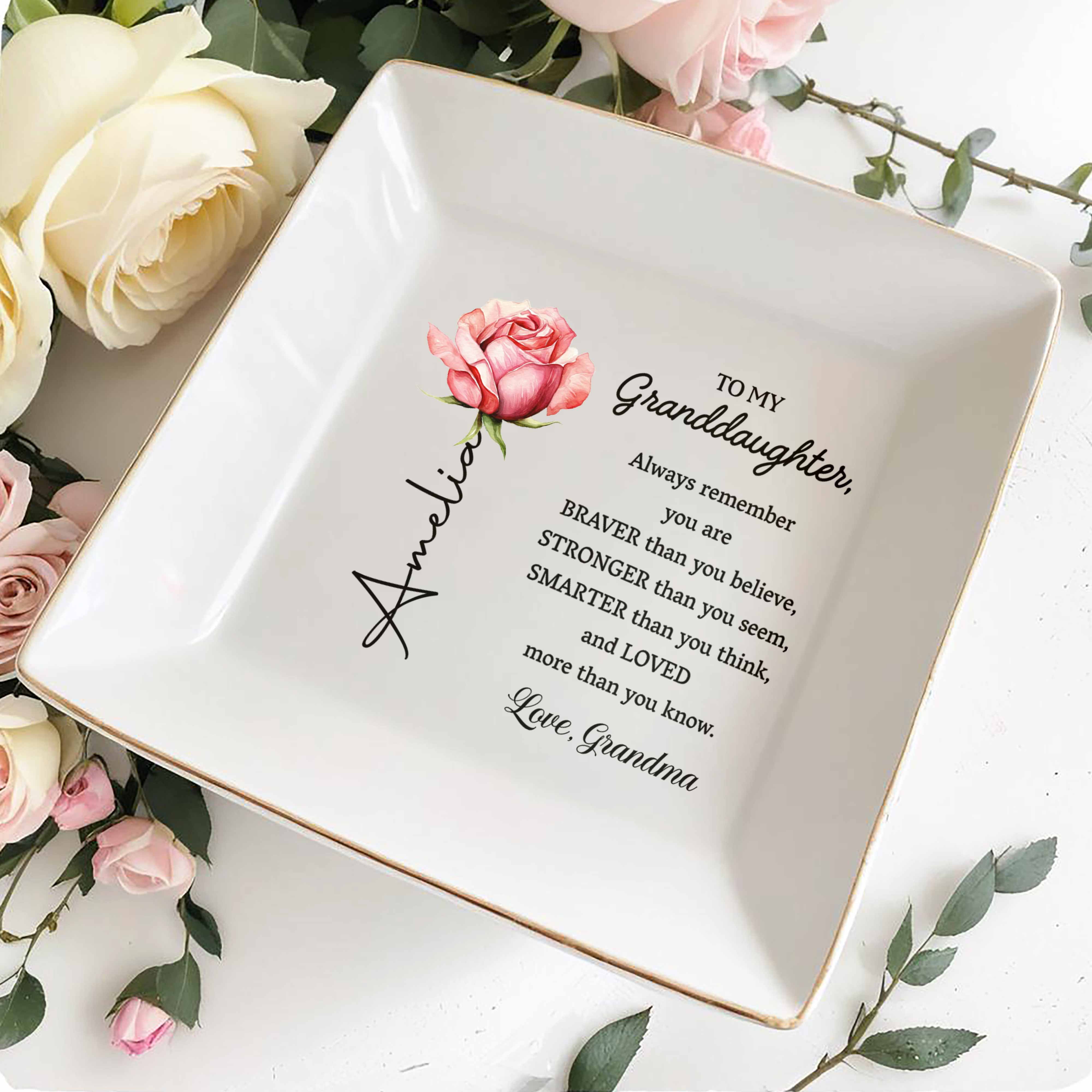 To My Granddaughter Always Remember You Are Braver Purple Birth Flower - Personalized Custom Jewelry Dish, Square Ceramic Dish - GDT714_SCRD