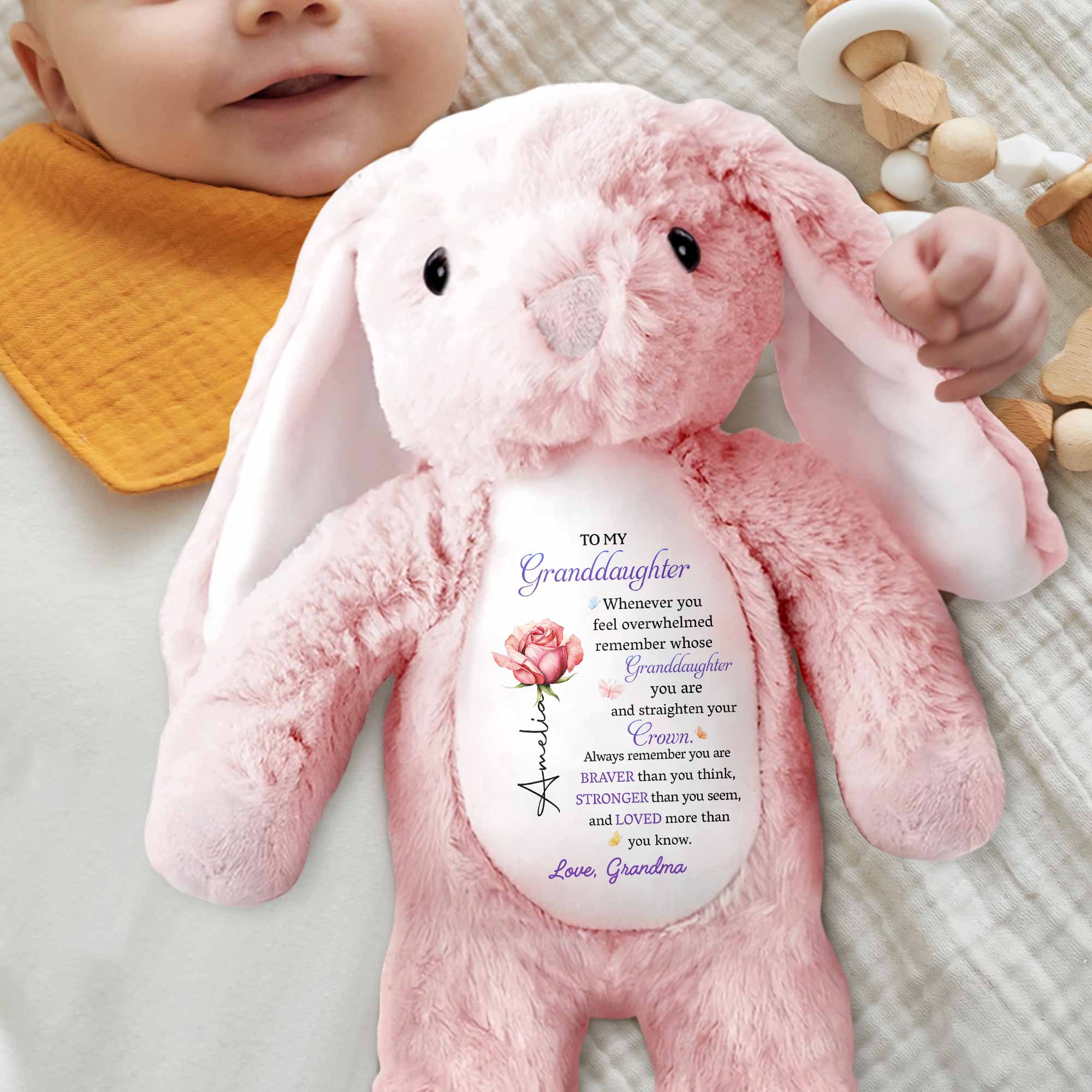 To My Granddaughter Straighten Your Crown Birth Month Flower - Personalized Stuffed Bunny - GDT715_BUN