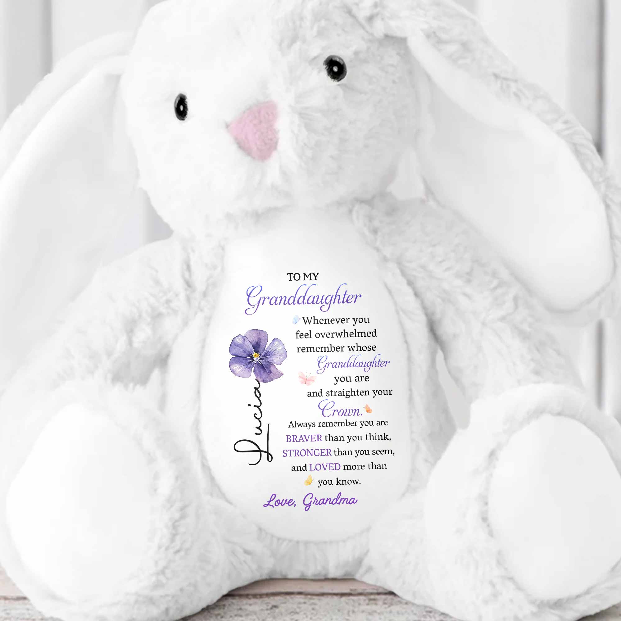 To My Granddaughter Straighten Your Crown Birth Month Flower - Personalized Stuffed Bunny - GDT715_BUN