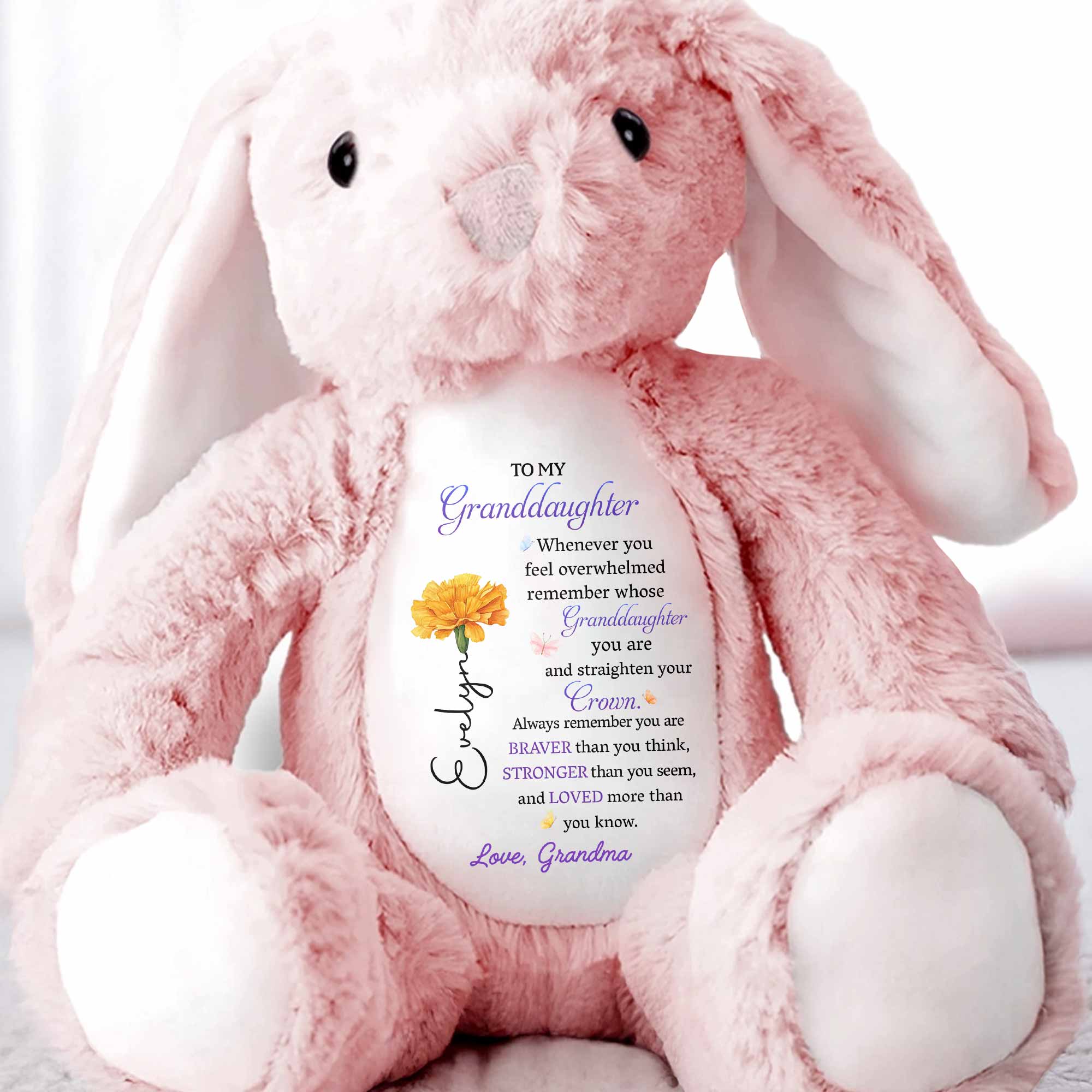 To My Granddaughter Straighten Your Crown Birth Month Flower - Personalized Stuffed Bunny - GDT715_BUN
