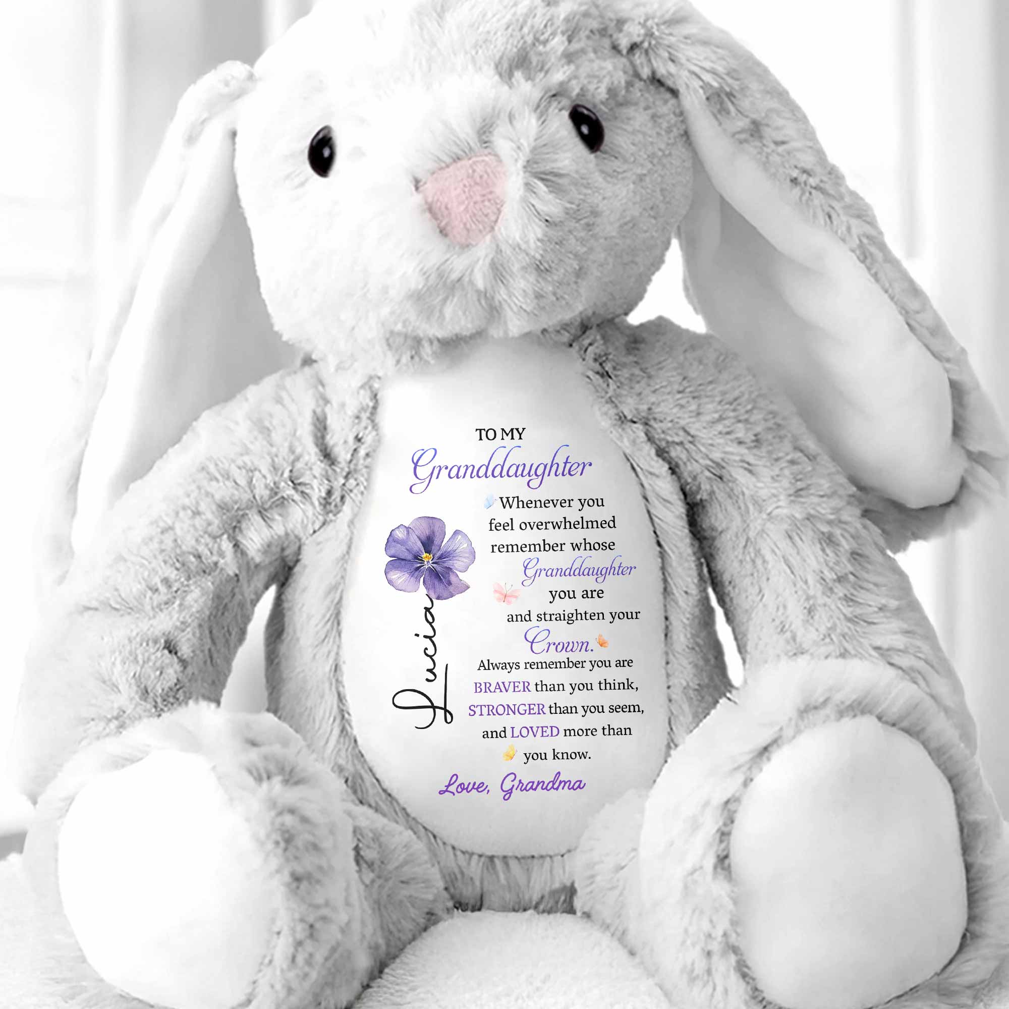 To My Granddaughter Straighten Your Crown Birth Month Flower - Personalized Stuffed Bunny - GDT715_BUN