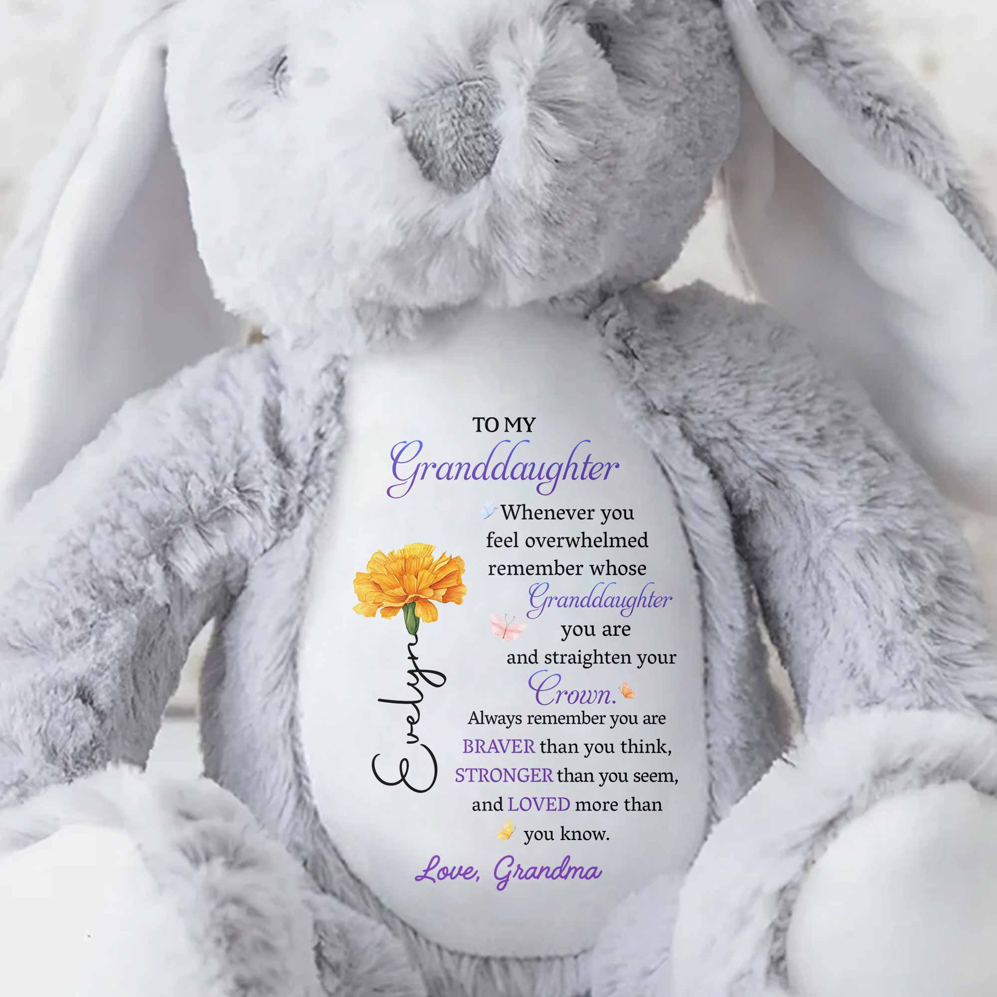 To My Granddaughter Straighten Your Crown Birth Month Flower - Personalized Stuffed Bunny - GDT715_BUN