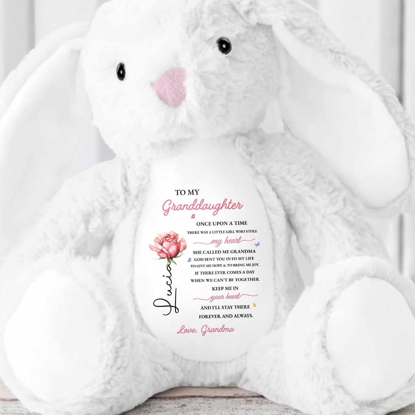 To My Granddaughter Once Upon A Time Stole My Heart Rose Flower - Personalized Stuffed Bunny - GDT716_BUN