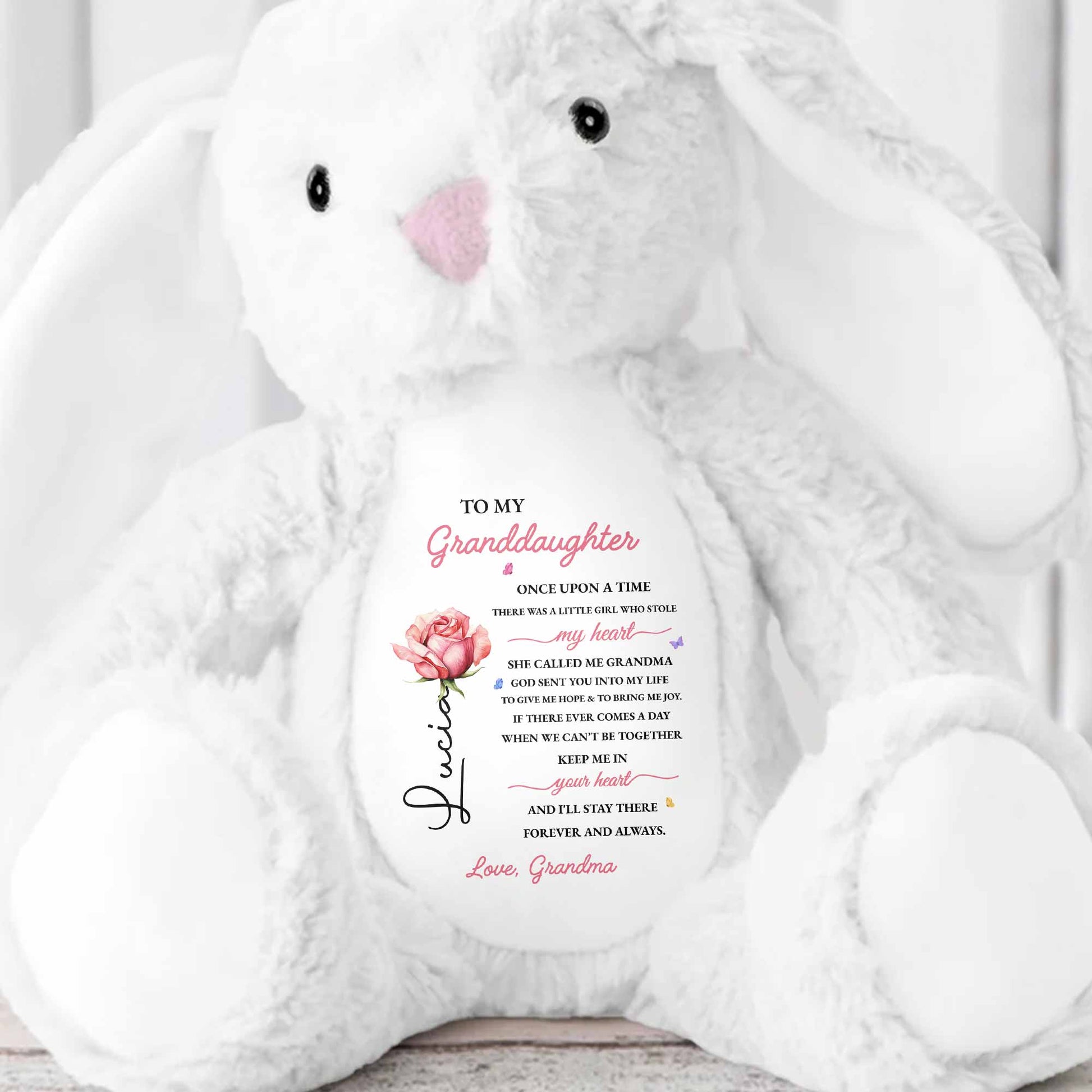 To My Granddaughter Once Upon A Time Stole My Heart Rose Flower - Personalized Stuffed Bunny - GDT716_BUN