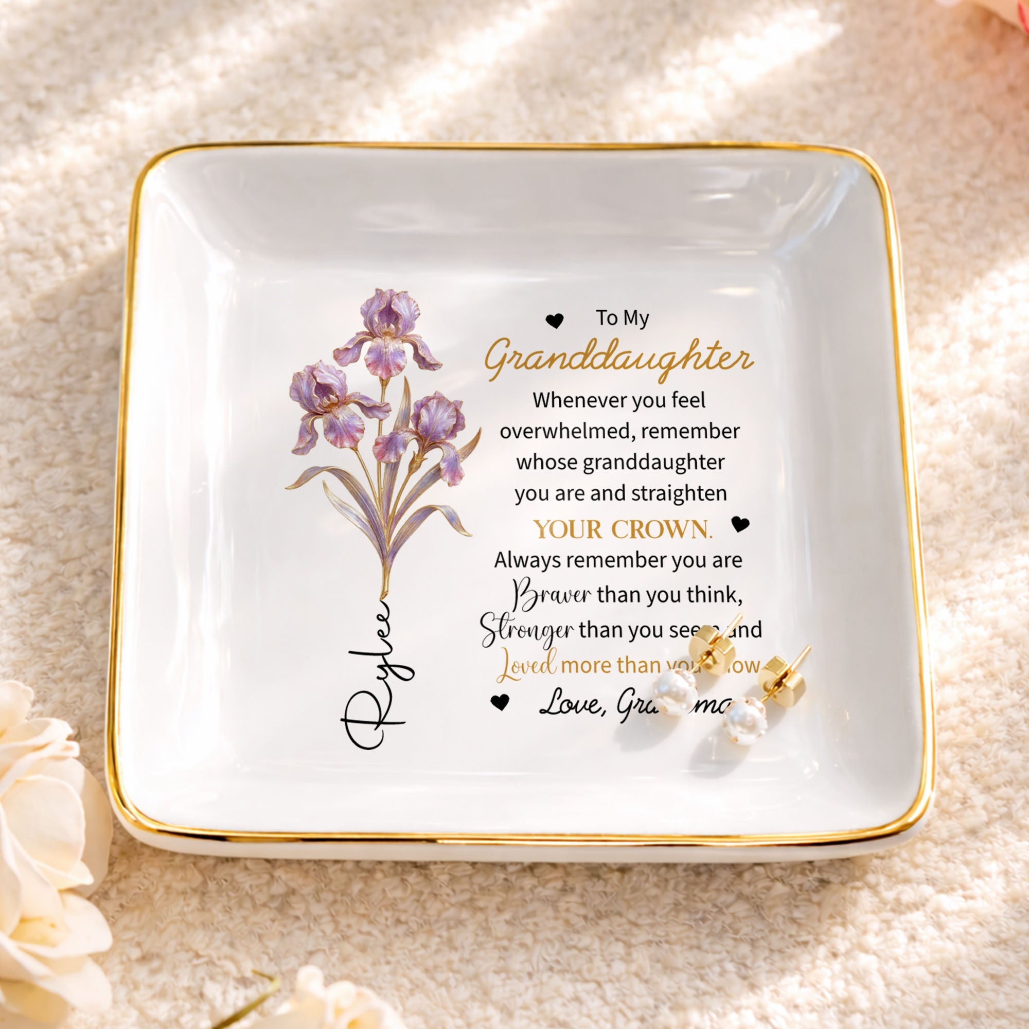 To My Granddaughter Straighten Your Crown Birth Month Flower Jewelry Holder - Personalized Custom Jewelry Dish, Square Ceramic Dish - GDT721_SCRD