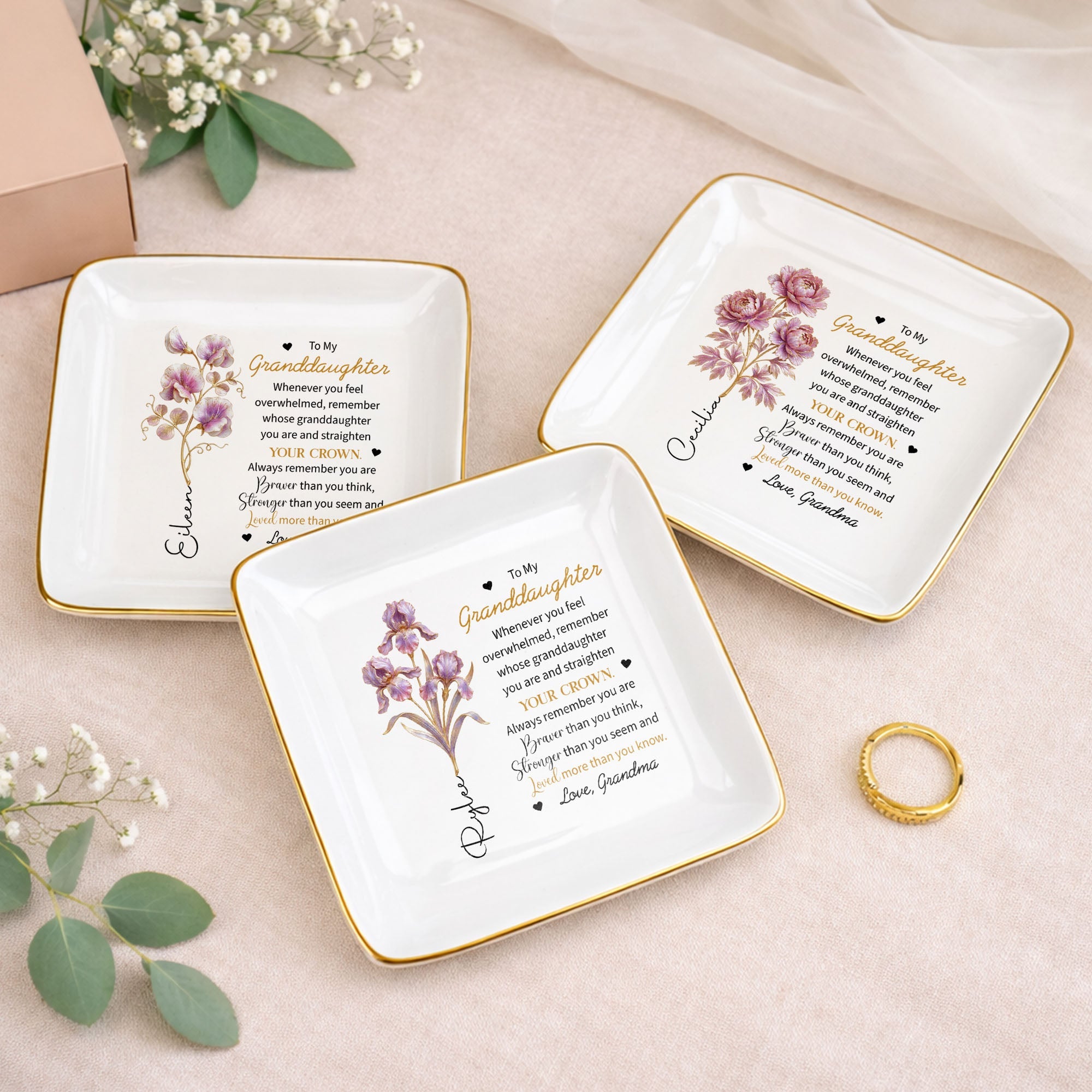 To My Granddaughter Straighten Your Crown Birth Month Flower Jewelry Holder - Personalized Custom Jewelry Dish, Square Ceramic Dish - GDT721_SCRD