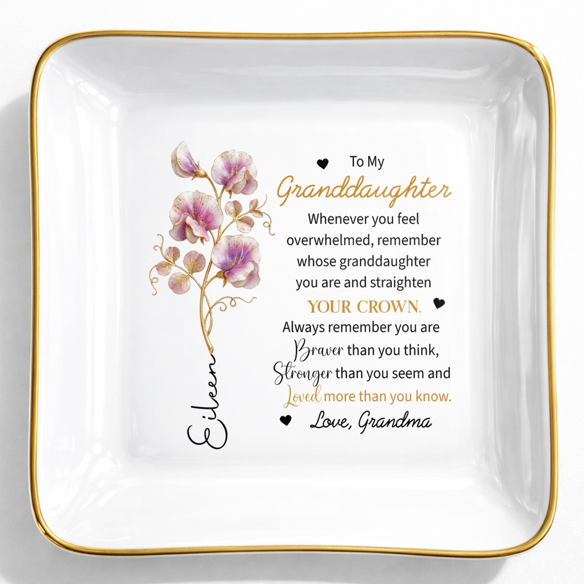 To My Granddaughter Straighten Your Crown Birth Month Flower Jewelry Holder - Personalized Custom Jewelry Dish, Square Ceramic Dish - GDT721_SCRD
