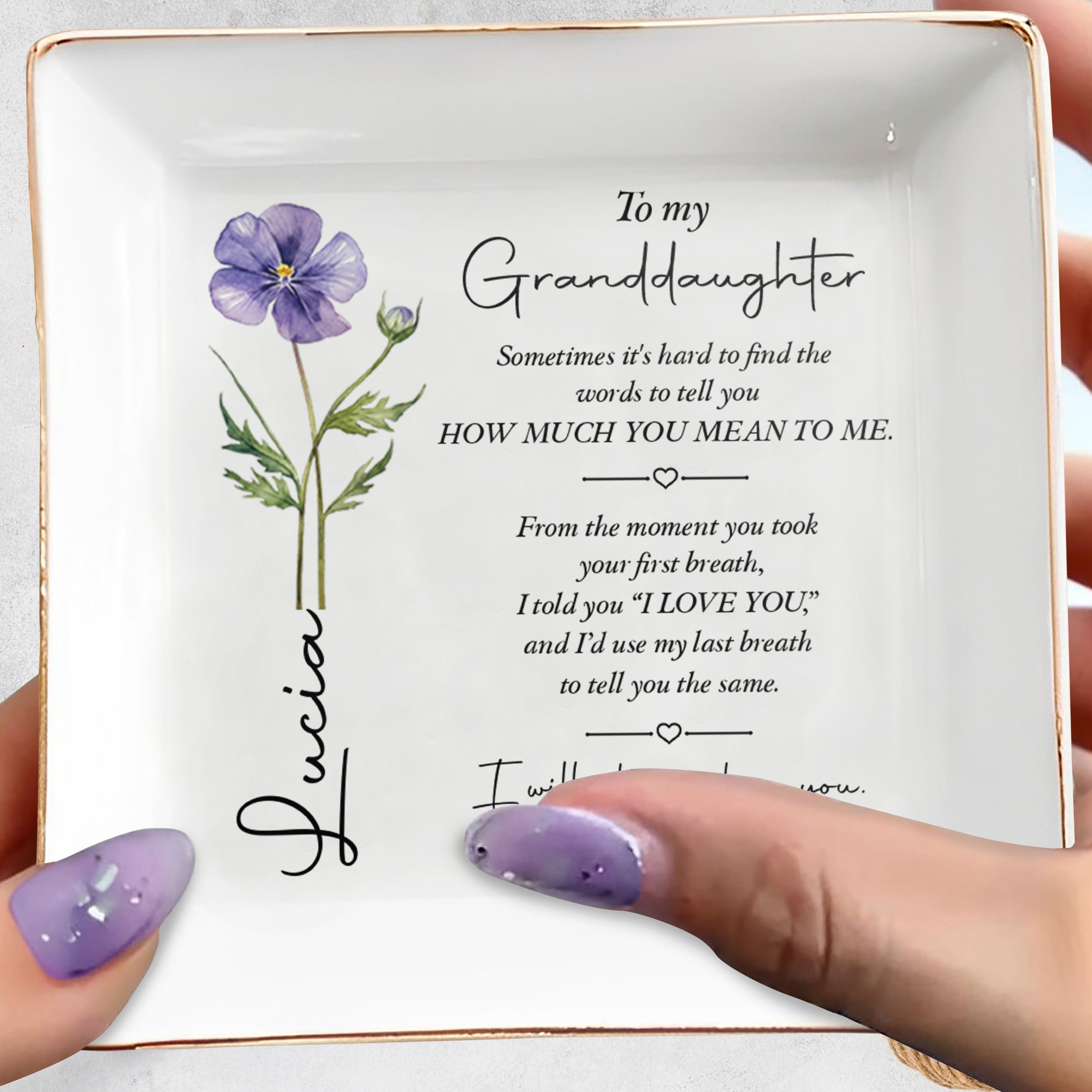 To My Granddaughter How Much You Mean To Me Birth Flower - Personalized Custom Jewelry Dish, Square Ceramic Dish - GDT727_SCRD