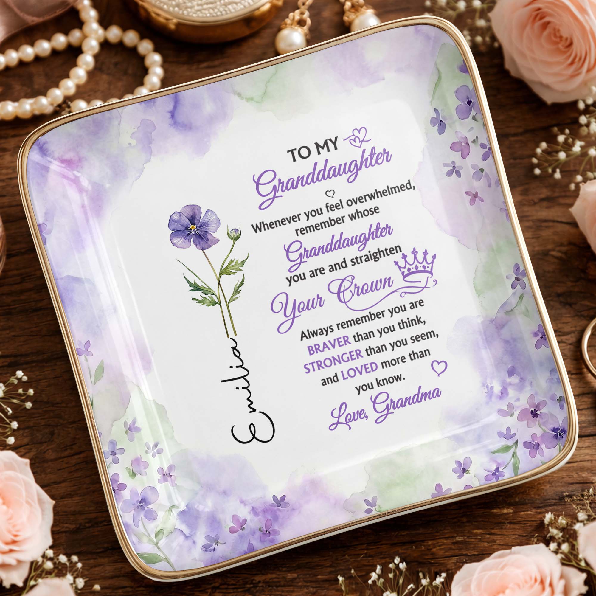 To My Granddaughter Straighten Your Crown With Purple Flower - Personalized Custom Jewelry Dish, Ceramic Dish, Square Shape - GDT730_SCRF