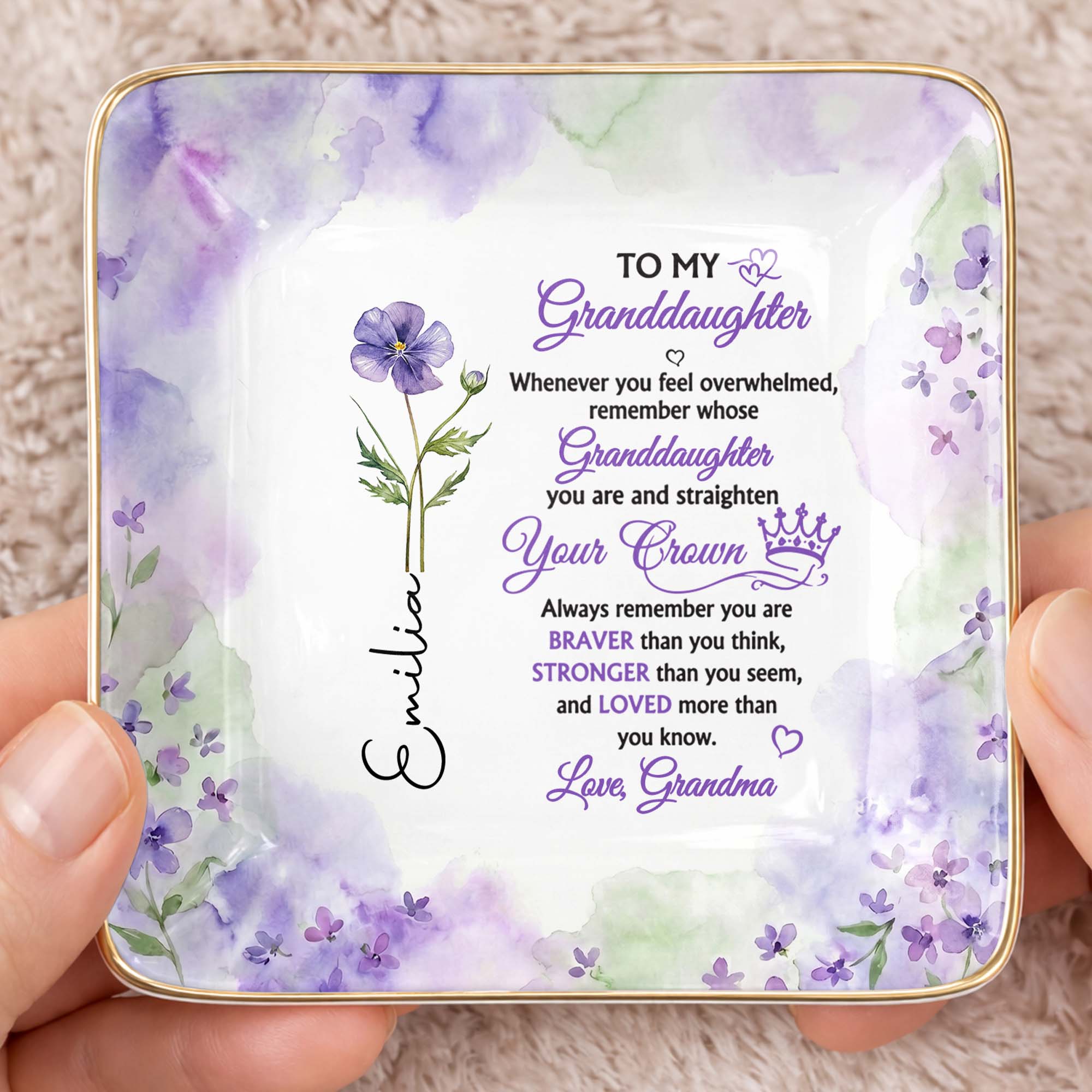 To My Granddaughter Straighten Your Crown With Purple Flower - Personalized Custom Jewelry Dish, Ceramic Dish, Square Shape - GDT730_SCRF