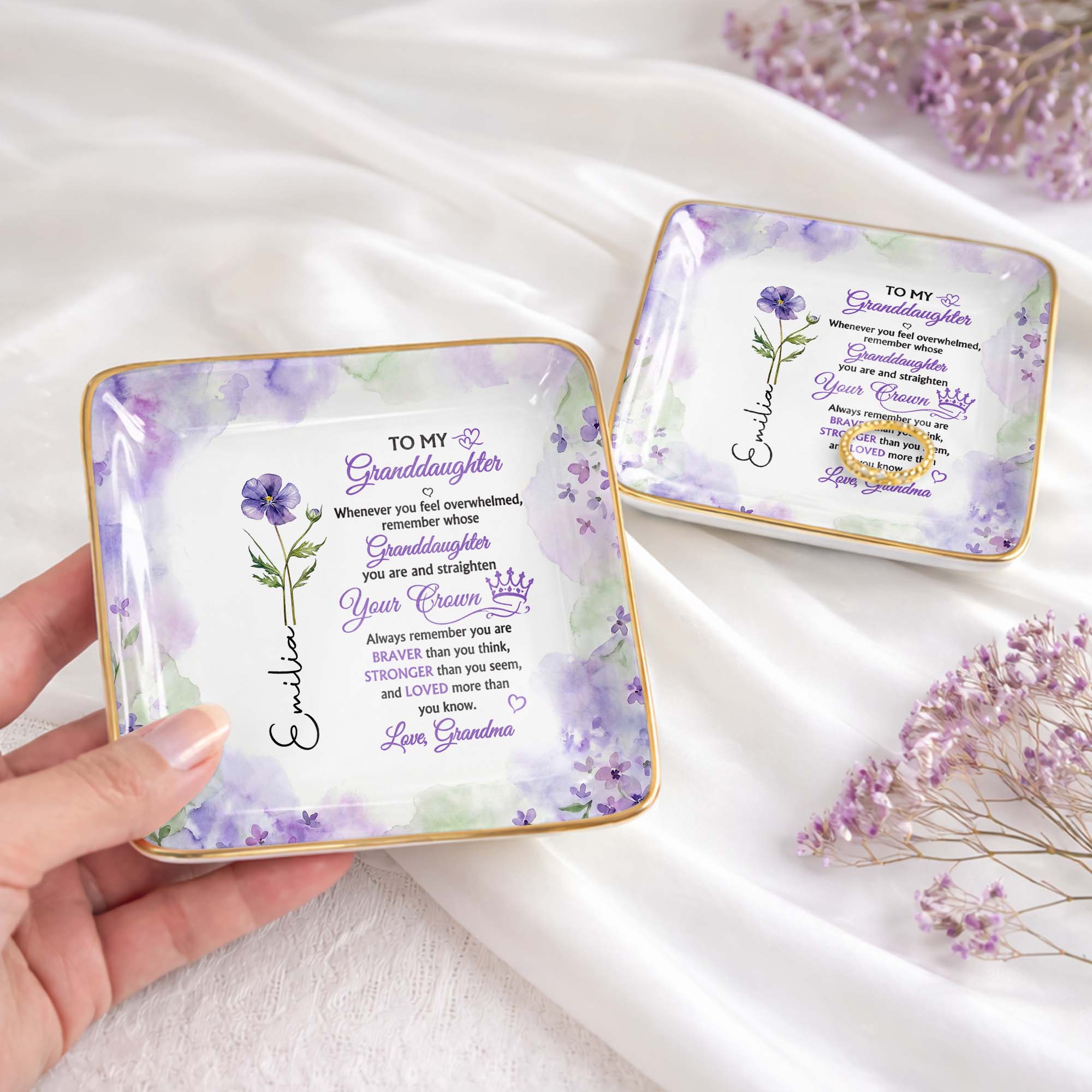 To My Granddaughter Straighten Your Crown With Purple Flower - Personalized Custom Jewelry Dish, Ceramic Dish, Square Shape - GDT730_SCRF