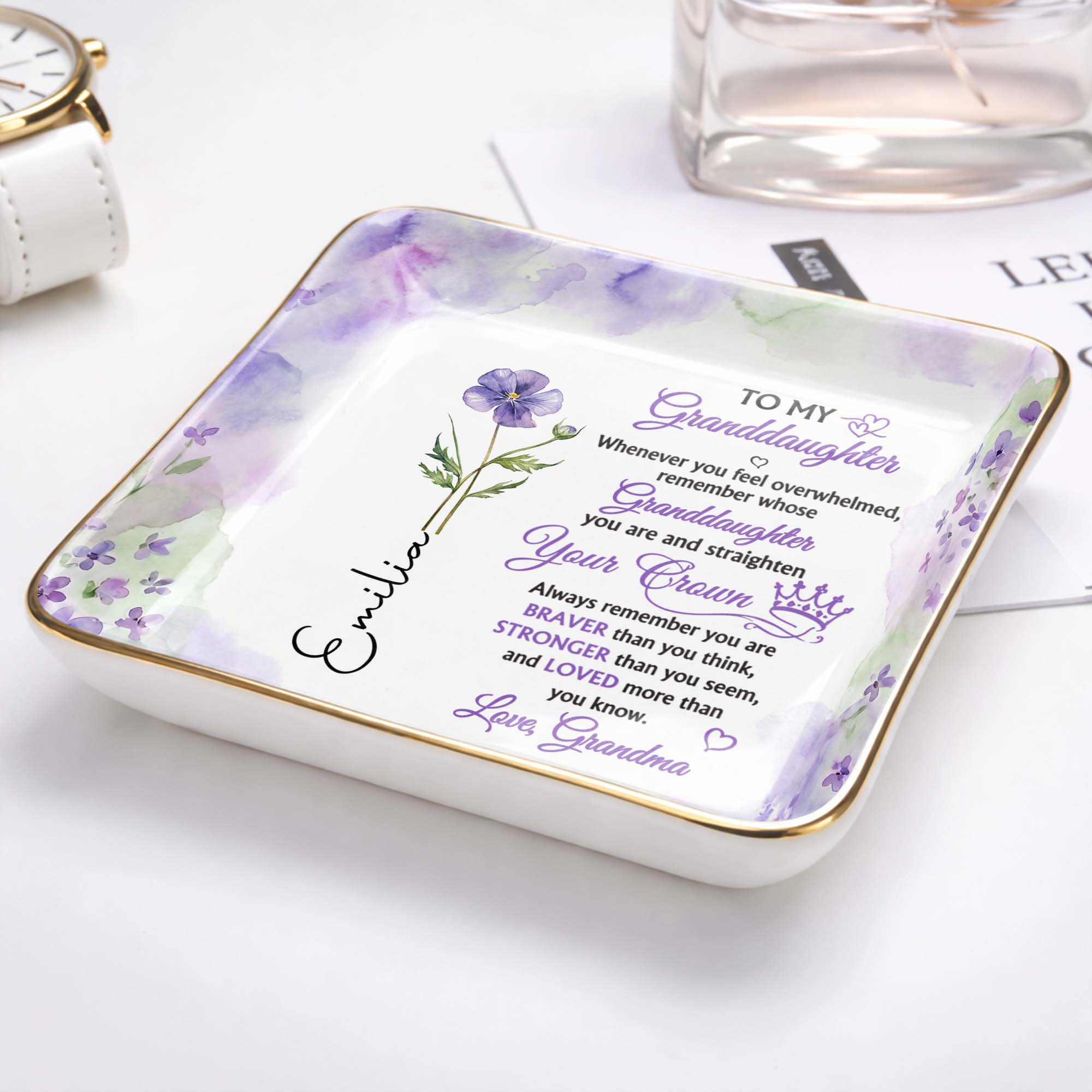 To My Granddaughter Straighten Your Crown With Purple Flower - Personalized Custom Jewelry Dish, Ceramic Dish, Square Shape - GDT730_SCRF
