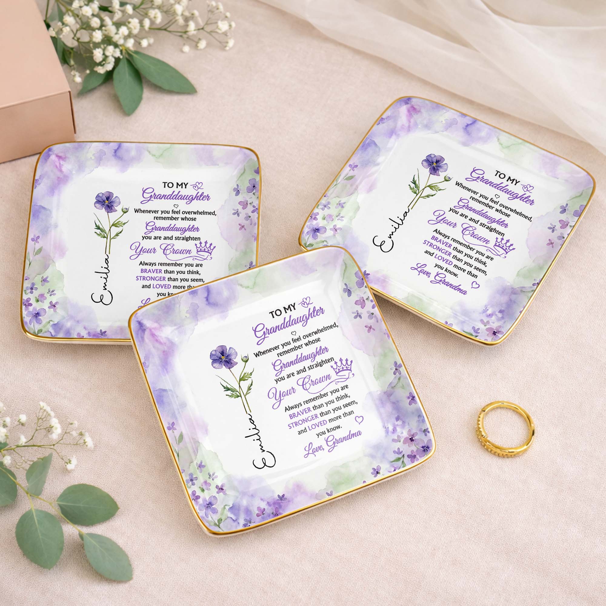 To My Granddaughter Straighten Your Crown With Purple Flower - Personalized Custom Jewelry Dish, Ceramic Dish, Square Shape - GDT730_SCRF