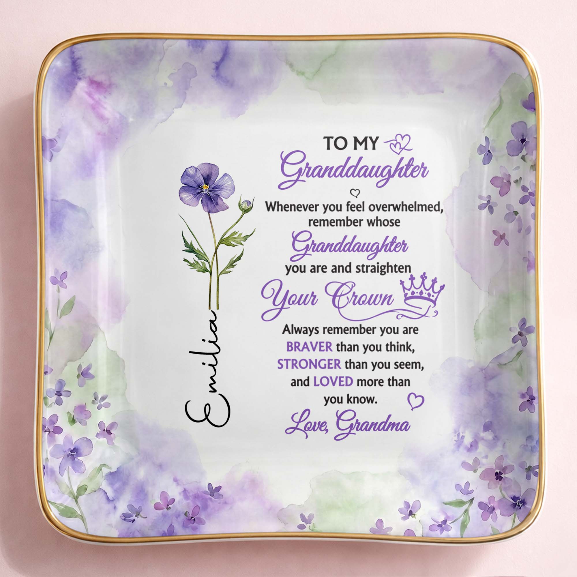 To My Granddaughter Straighten Your Crown With Purple Flower - Personalized Custom Jewelry Dish, Ceramic Dish, Square Shape - GDT730_SCRF