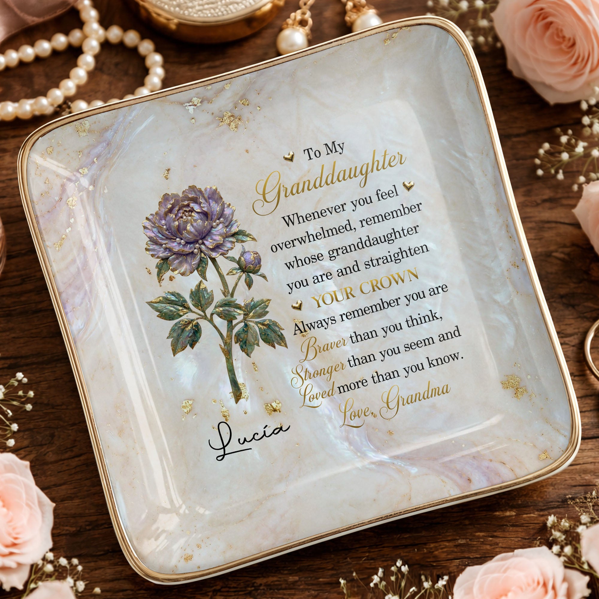To My Granddaughter Straighten Your Crown Birth Month Flower Marble Jewelry Dish - Personalized Custom Jewelry Dish, Ceramic Dish, Square Shape - GDT733_SCRF