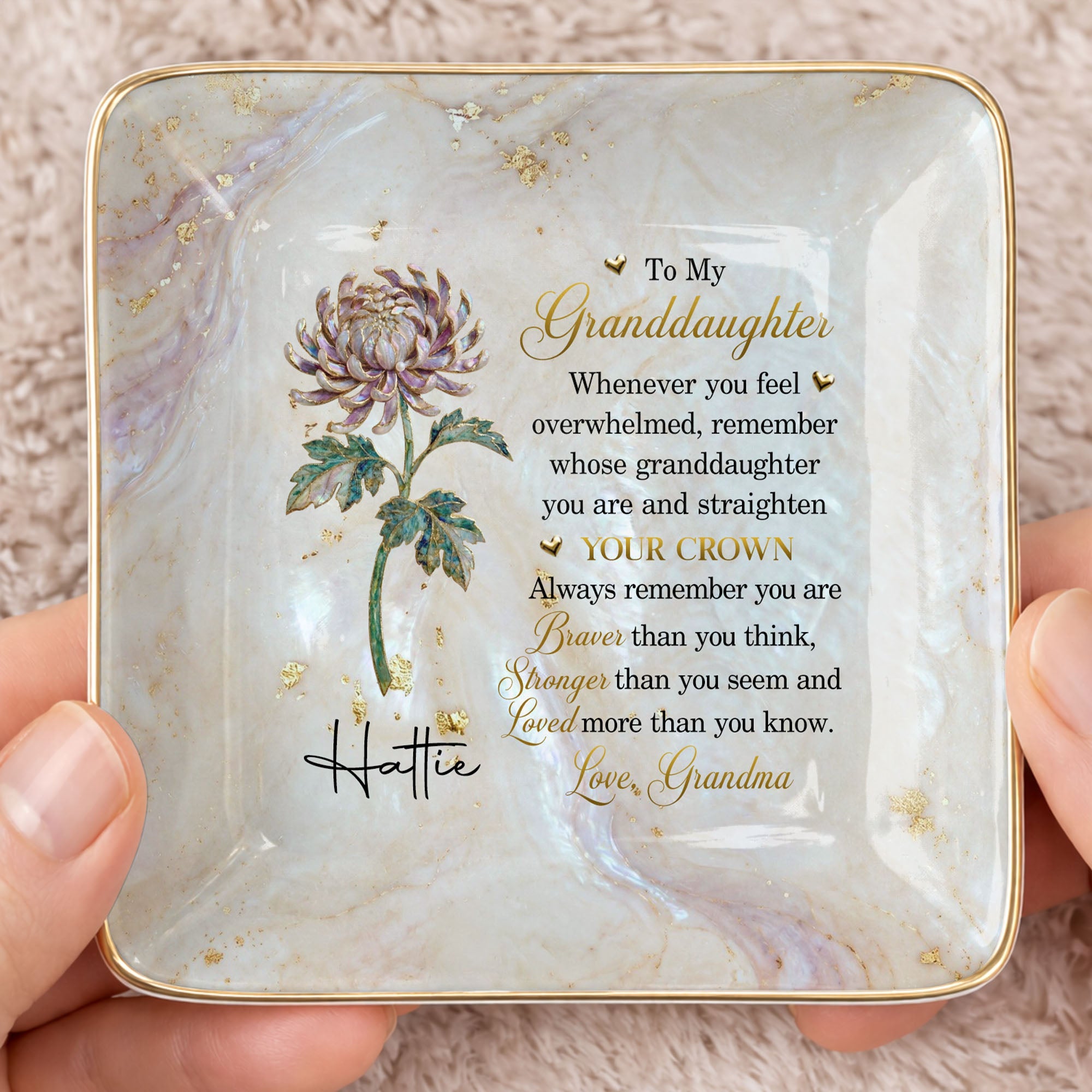 To My Granddaughter Straighten Your Crown Birth Month Flower Marble Jewelry Dish - Personalized Custom Jewelry Dish, Ceramic Dish, Square Shape - GDT733_SCRF