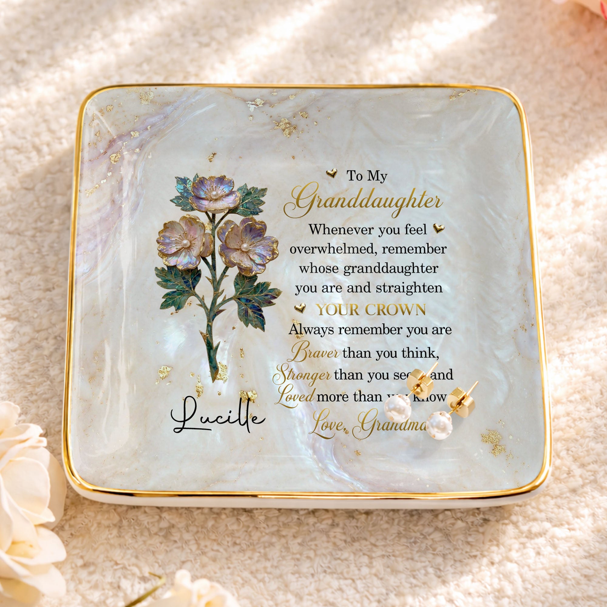 To My Granddaughter Straighten Your Crown Birth Month Flower Marble Jewelry Dish - Personalized Custom Jewelry Dish, Ceramic Dish, Square Shape - GDT733_SCRF