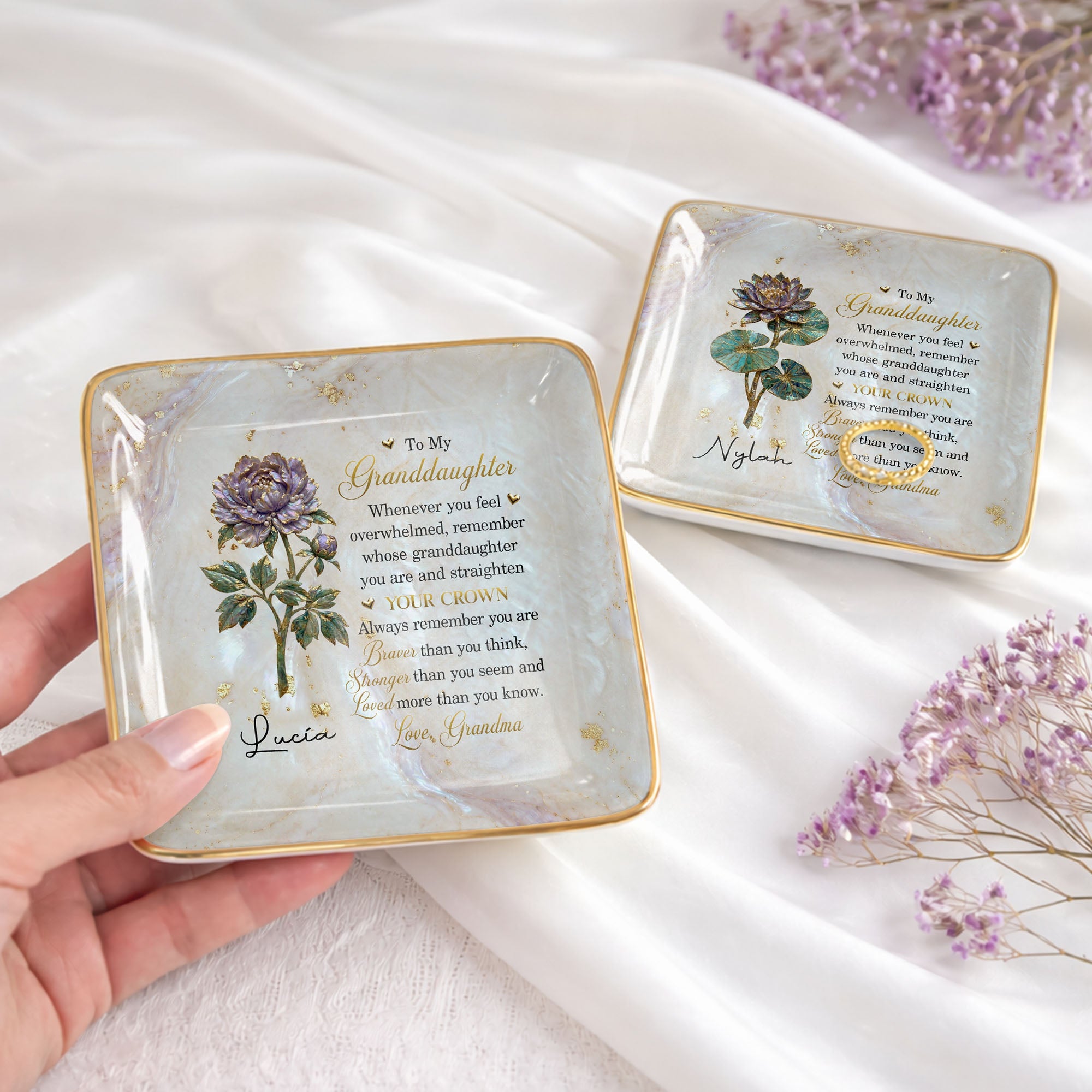 To My Granddaughter Straighten Your Crown Birth Month Flower Marble Jewelry Dish - Personalized Custom Jewelry Dish, Ceramic Dish, Square Shape - GDT733_SCRF