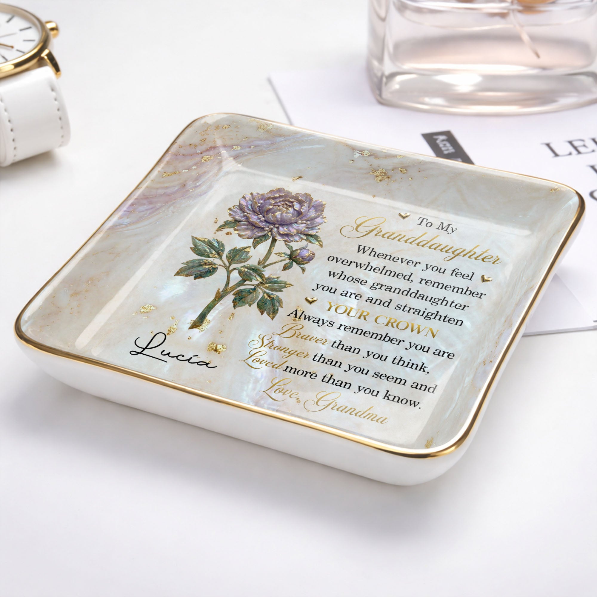 To My Granddaughter Straighten Your Crown Birth Month Flower Marble Jewelry Dish - Personalized Custom Jewelry Dish, Ceramic Dish, Square Shape - GDT733_SCRF